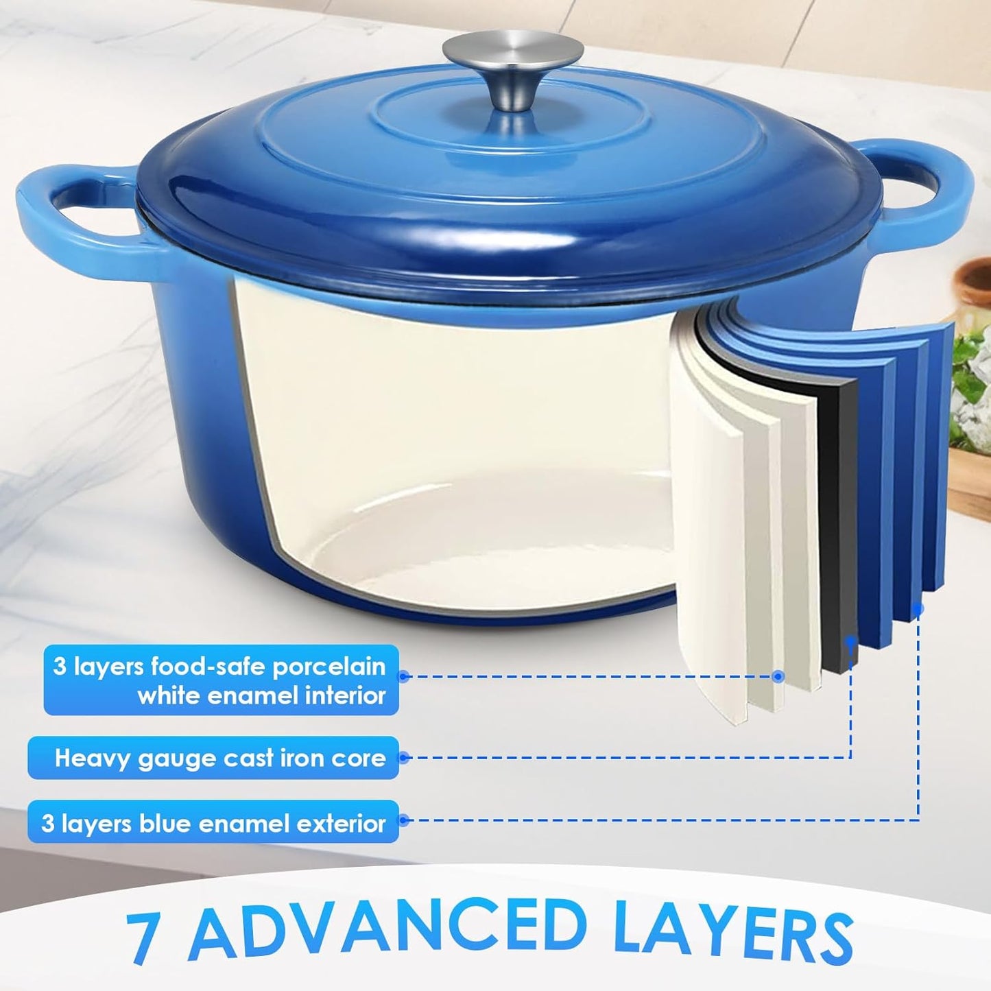 LIFERUN 6 Qt Enameled Cast Iron Dutch Oven Pot with Lid，Oven Safe up to 500° F, Non-Stick Dutch Oven with Dual Handles for Bread Baking, Fry Foods, Braising, Stews, Roasting (Blue)