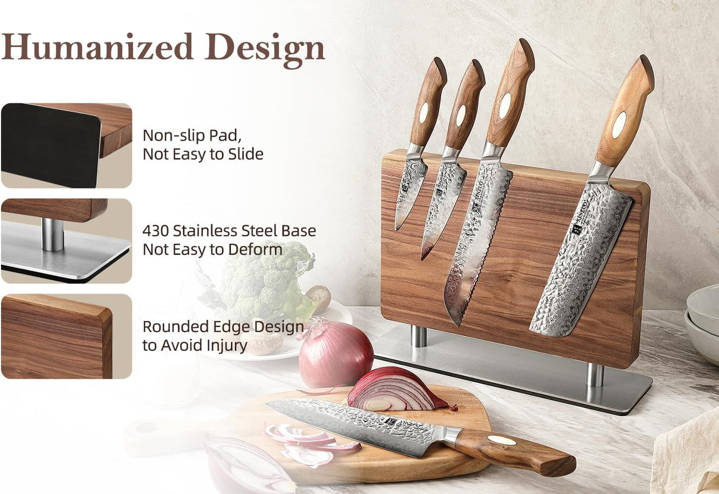 XINZUO Magnetic Knife Block,Natural Walnut Knife Holder Stand for Counter Top,with Strong Magnets,Double Sided Kitchen Knife Storage Rack