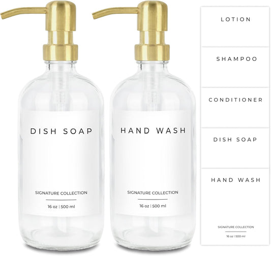 Emerson Soap Dispenser, Dish Soap Dispenser for Kitchen, Bathroom Set, Kitchen Hands and Dishes, Glass Bottles with Pump and Labels, 16 Oz | 2 Pack