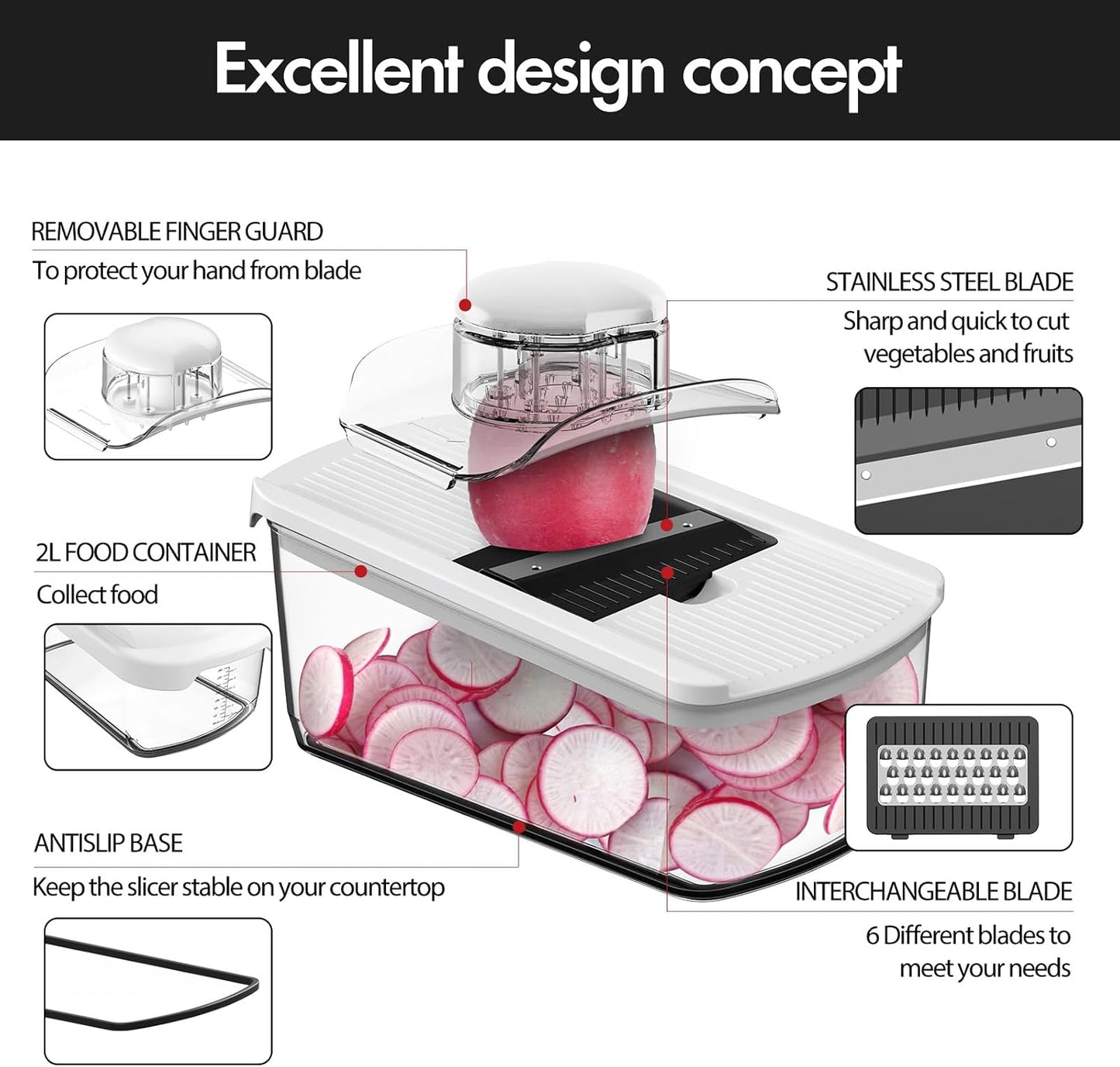 Cambom Mandoline Slicer Vegetable Slicer Spiralizer With 2 L Container for Potatoes, Tomatoes, Cucumbers, Carrots With 6 Blades White