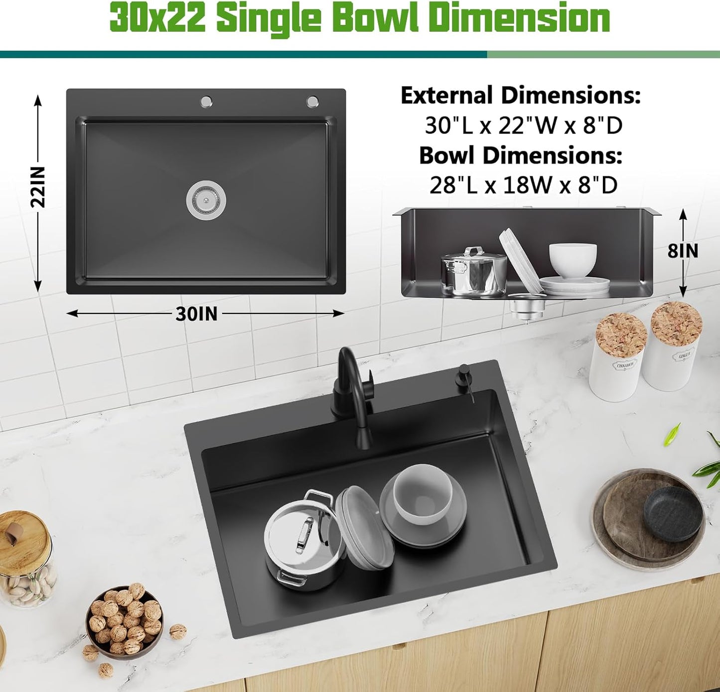 Black 30x22 Inch Stainless Steel Kitchen Sink - Drop In Modern Single Bowl Topmount Kitchen Sink With Silicon Mat,Drain Strainer Set Offering Large Basin Compatibility With Various Kitchen&Bar Style