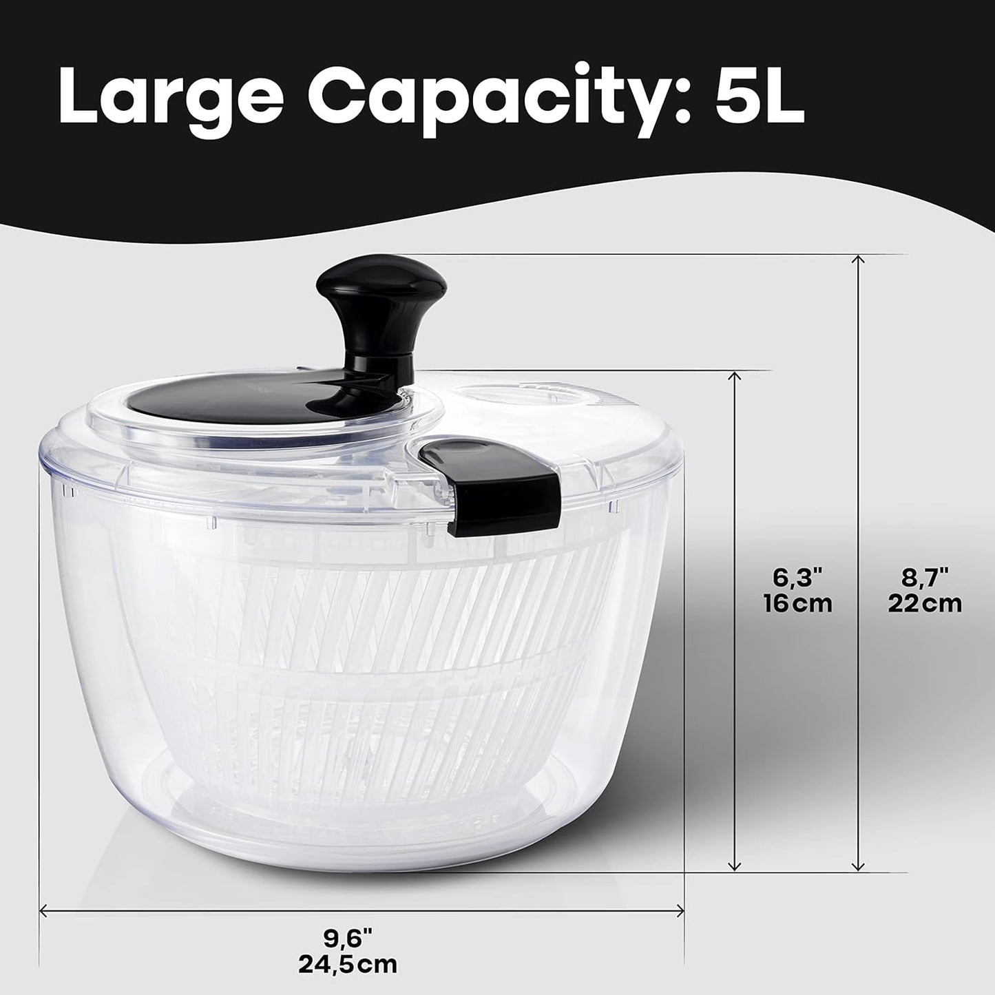 Joined Large Salad Spinner with Drain, Bowl, and Colander - Quick and Easy Multi-Use Lettuce Spinner, Vegetable Dryer, Fruit Washer, Pasta and Fries Spinner - 5.28 Qt