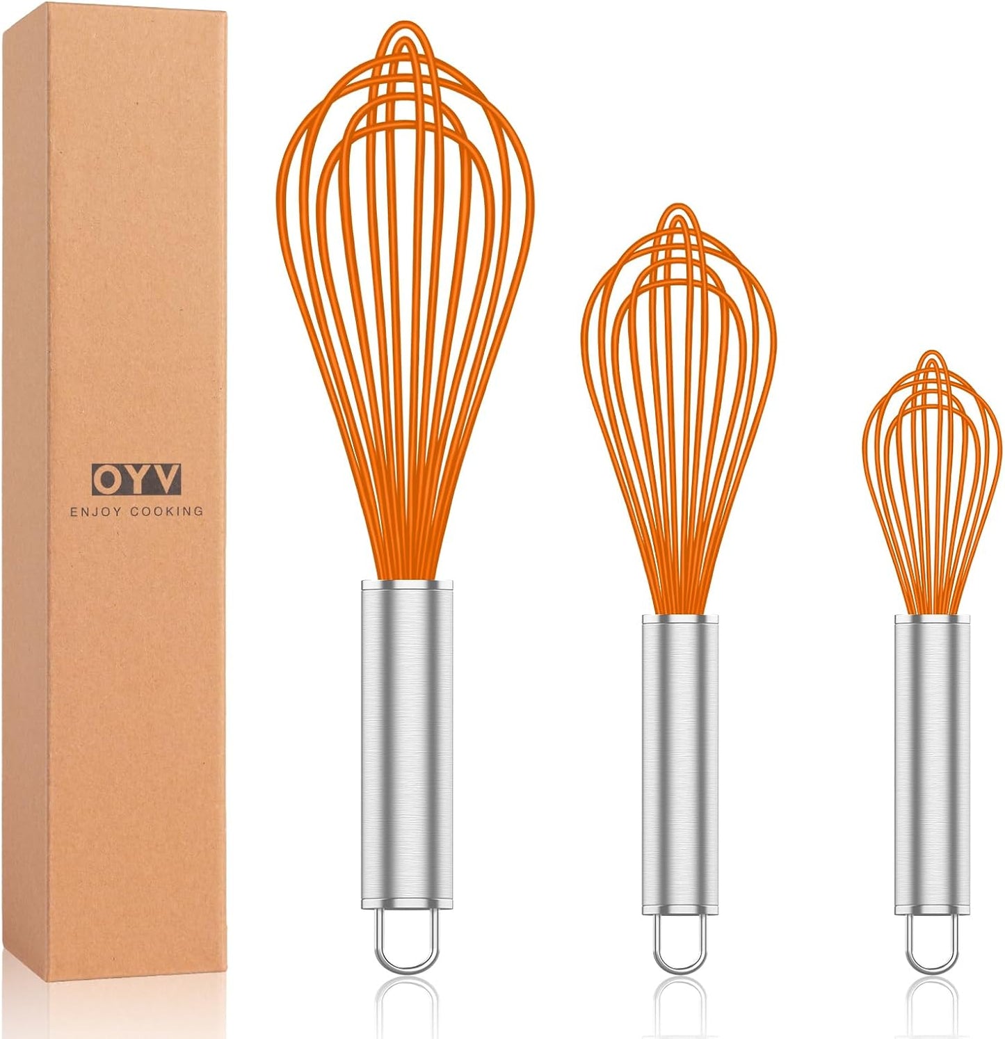 Orange Silicone Whisk, Professional Whisks For Cooking Non-Scratch, Stainless Steel & Silicone Wisk, Plastic Rubber Whisk Tool For Nonstick Cookware Pans, BPA free, Silicon Wisks Set of 3