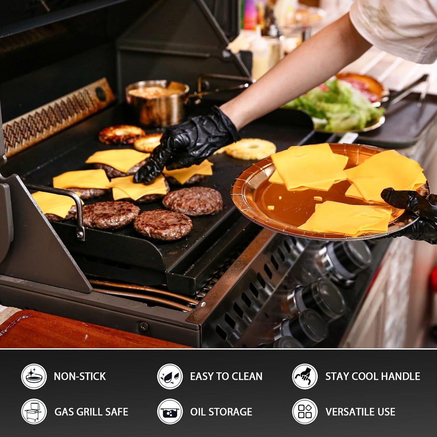 Utheer 17" x 13" Nonstick Coating Cooking Griddle for Gas Grill, Universal Griddle Flat Top Plate Insert with Grease Groove and Removable Handles for Charcoal/Gas Grills, Camping, Tailgating, Parties