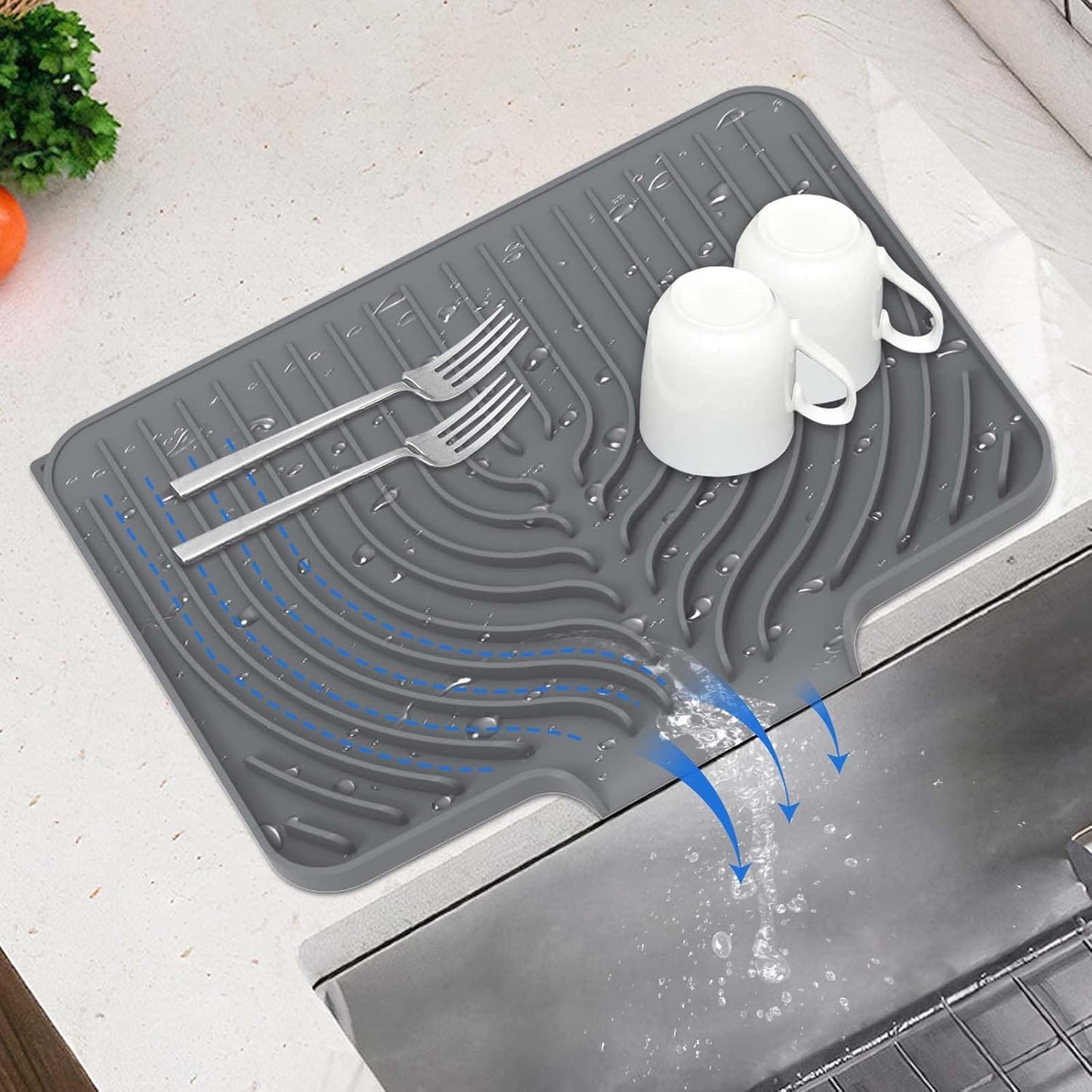 Silicone Dish Drying Mat for Kitchen Counter with Built-in Drain, Easy Clean Pad for Countertop Protection, Fast Self-Draining Slope, Non-Slip, Multiple Use 14.7x10.2 Inch (Grey)