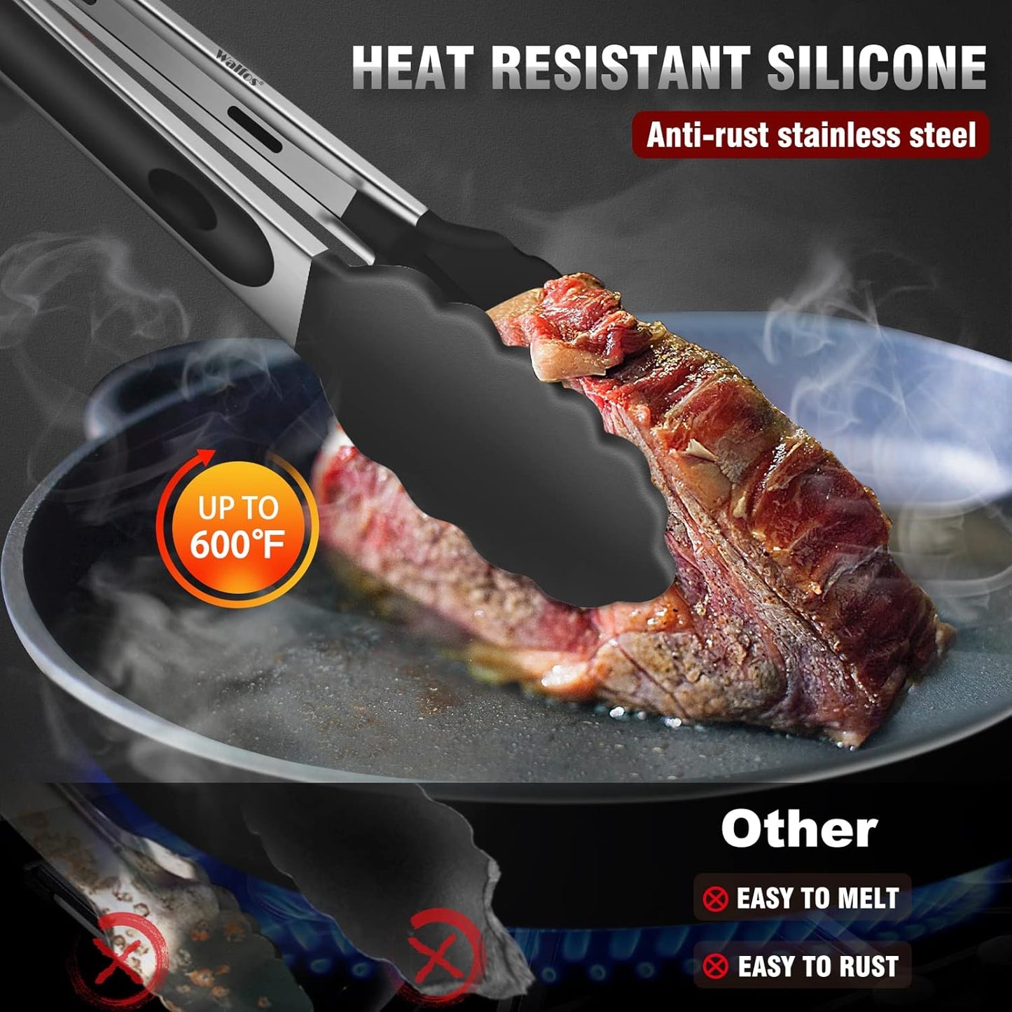 Walfos Small Silicone Tongs for Cooking- 7 inch Mini Kitchen Tongs with Silicone Tips, Great for Cooking, Turning, Serving, Food tongs Set of 3