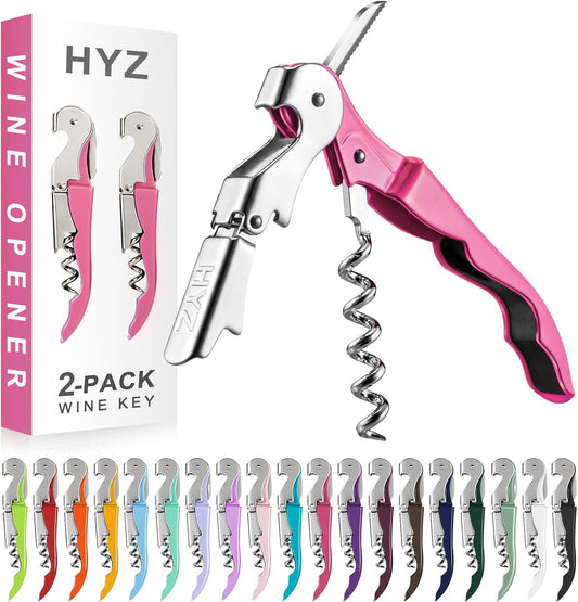 HYZ 2-Pack Wine Opener Waiter Corkscrew, Professional Wine Key for Servers, Bartender with Foil Cutter, Manual Wine Bottle Opener Double Hinged (Rosy)