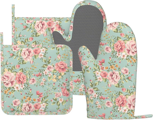 Pink Flower Oven Mitts Pot Holders Set Silicone Vintage Spring Romantic Bloom Floral and Leaf Green Kitchen Oven Mitts Heat Resistant Potholders Non-Slip 4pcs Hot Pads and Oven Gloves Sets