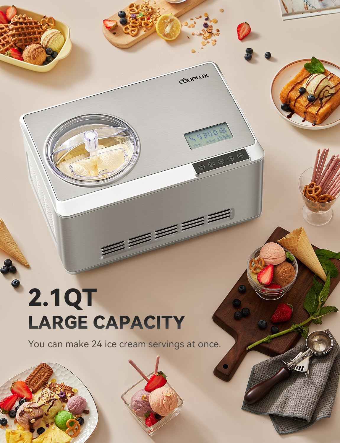 Ice Cream Maker, Fastest Freezing 2.1QT Ice Cream Machine with Built-in Compressor Easy Operate & Clean Automatic Ice Cream Maker Machine All Stainless Steel, LCD Display