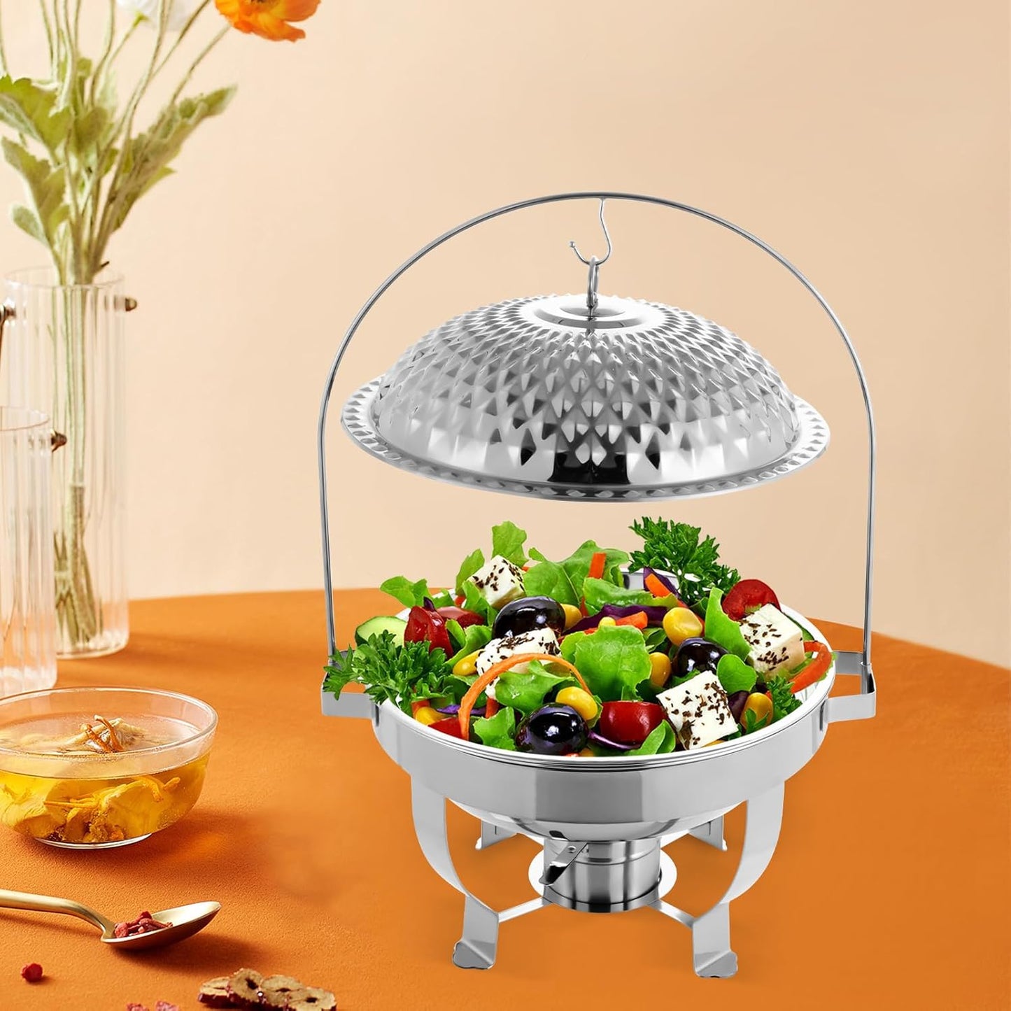 Chafing Dish Buffet Set, Stainless Steel Hanging Lid Dining Stove, Roll Top Chafing Dish Buffet Diamond-Shaped Lid and Round Stand for Buffet Restaurants and Banquets (Silver, 6L/6.3QT)