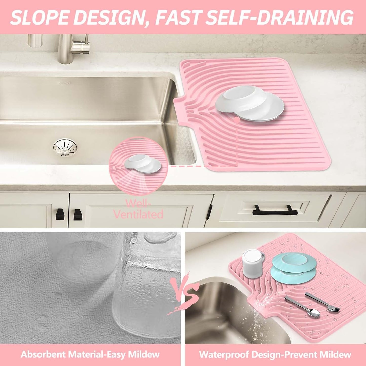 Silicone Dish Drying Mat for Kitchen Counter with Built-in Drain, Easy Clean Pad for Countertop Protection, Fast Self-Draining Slope, Non-Slip, Multiple Use 17.7 x 11.8 Inch (Pink)