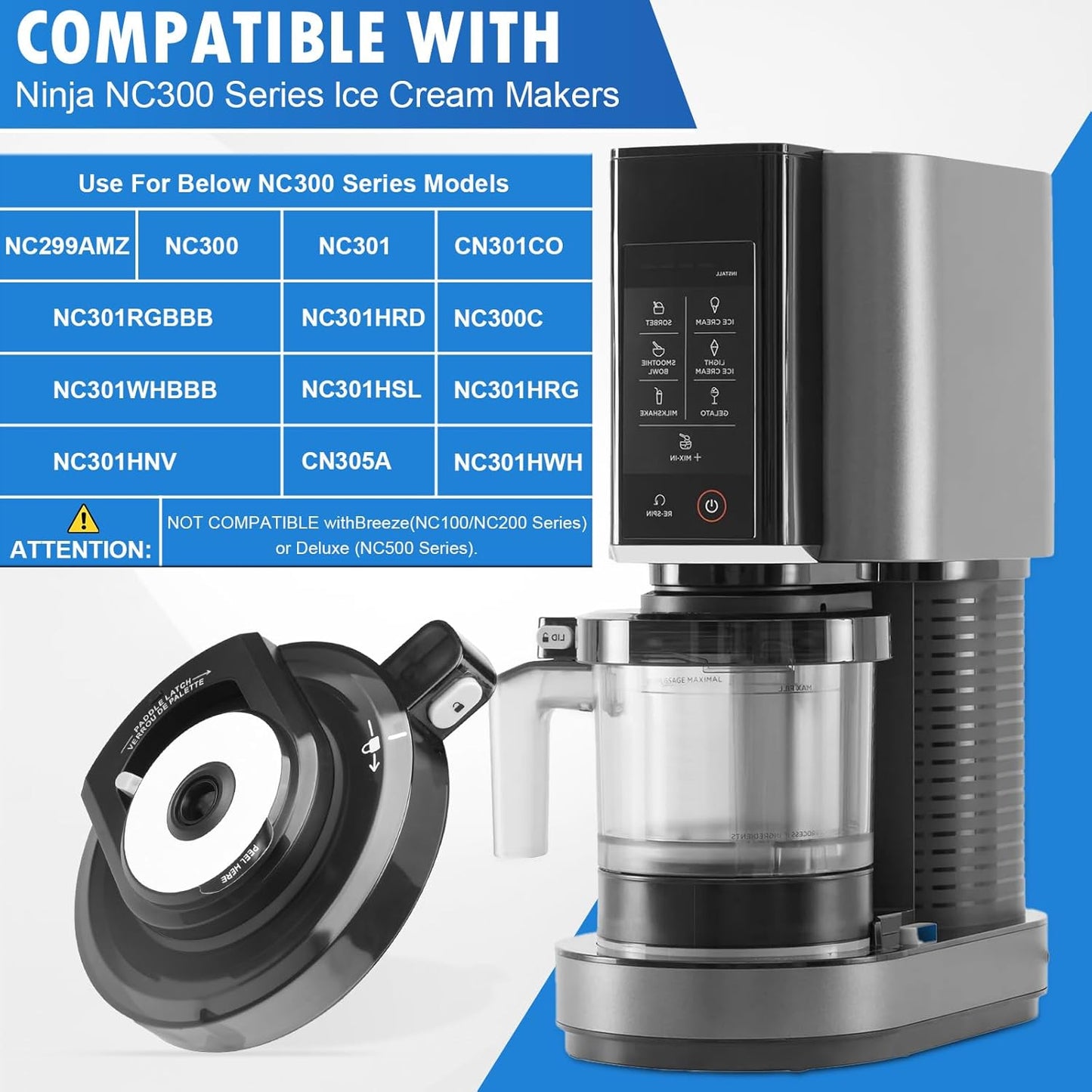 Outer Bowl Lid for NC301 Ninja Creami Ice Cream Maker, Creami Lid Replacement Parts Compatible with NC301 / NC300 / NC299AMZ / NC201 / NC101 Series (NO Paddle)
