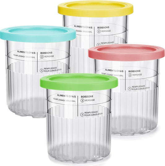 Ice Cream Containers Replacement Pints and Lids 24oz for Ninja Creami Compatible with NC500 NC501 Deluxe BPA-Free Dishwasher Safe Airtight Leaf-Proof 4 Pack Pink Green Blue Yellow