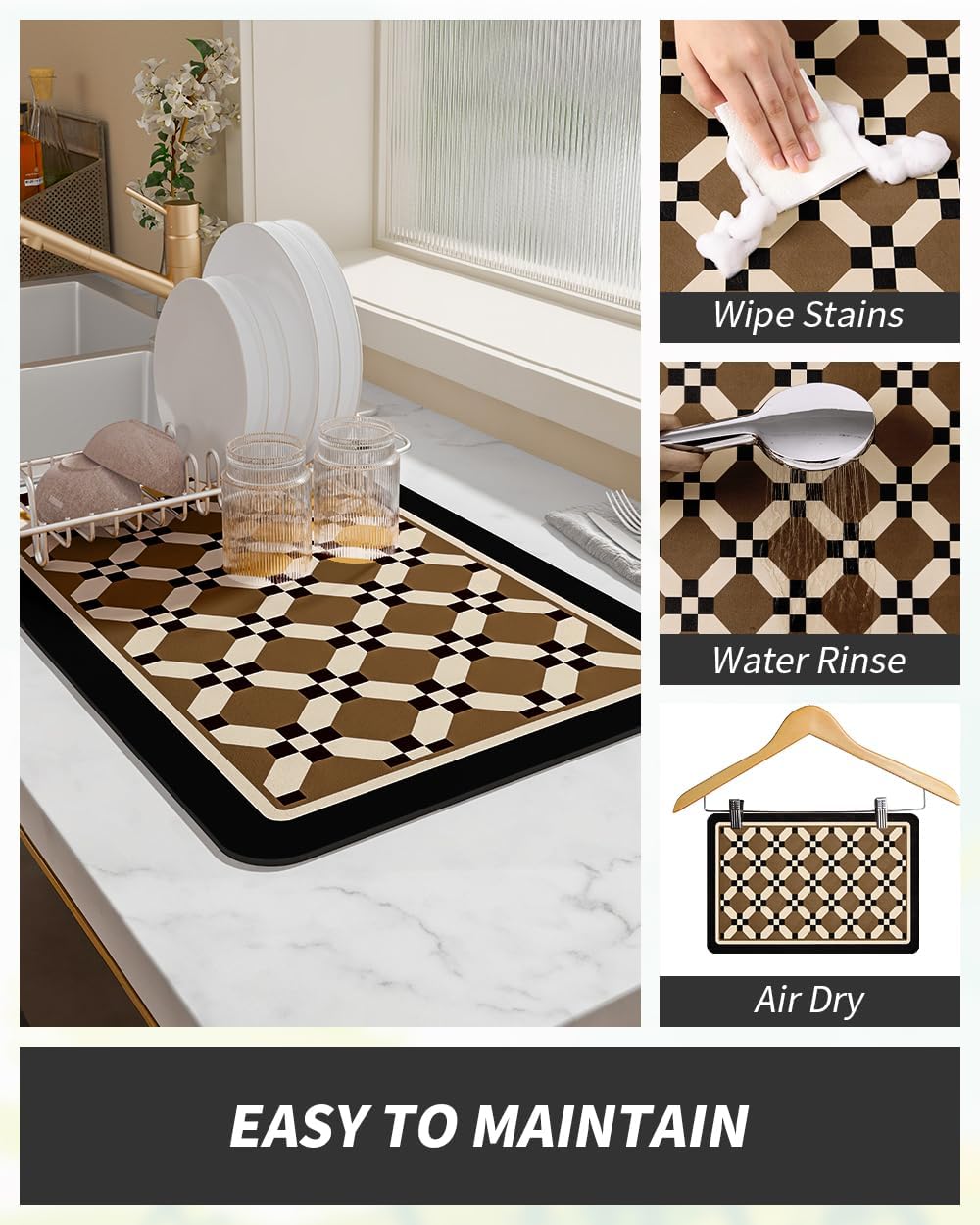 AMOAMI Coffee Mat Hide Stain Rubber Backed Absorbent Dish Drying Mat for Kitchen Counter - Fits Under Coffee Maker or Machine - PEANUT 17x31.5