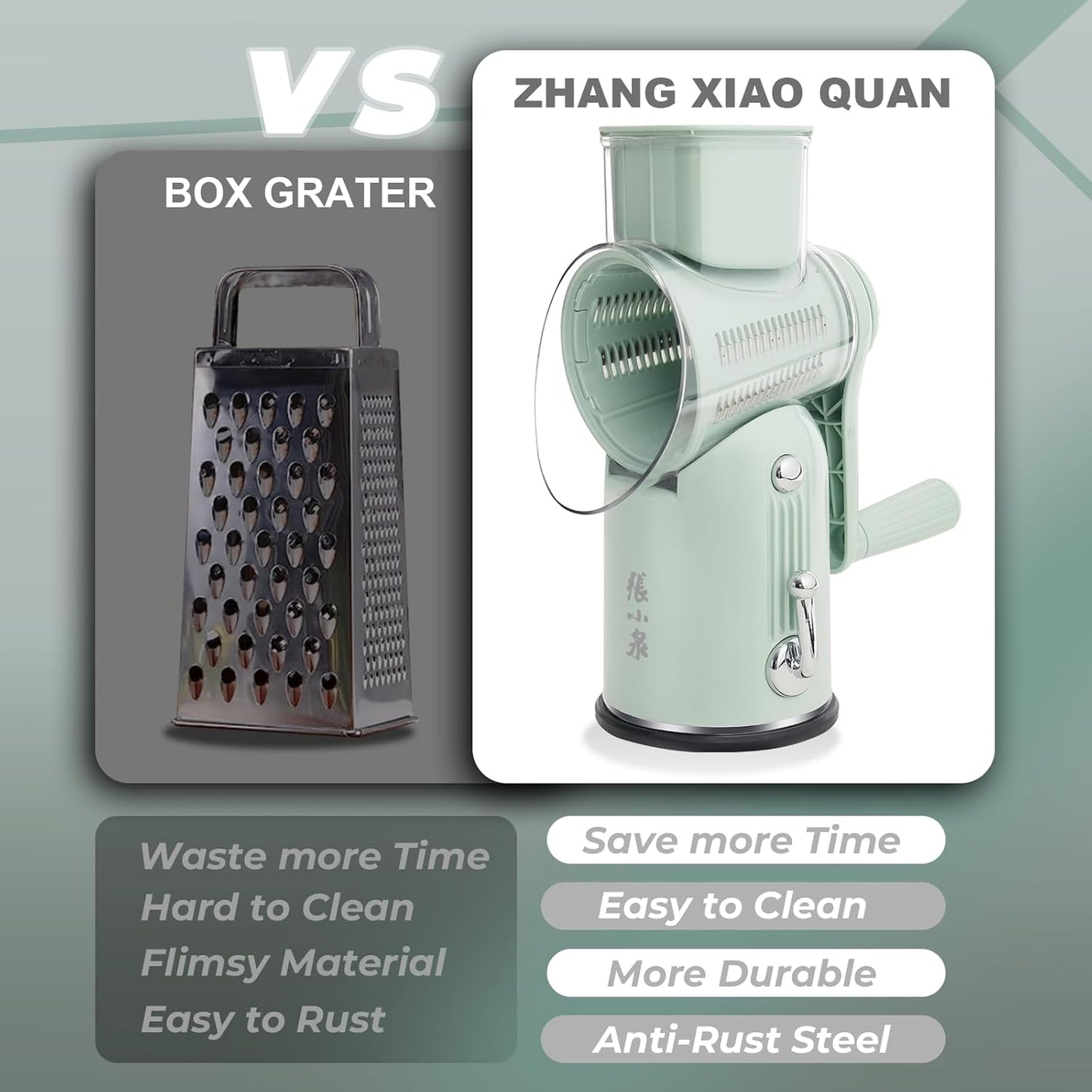 ZHANG XIAO QUAN SINCE 1628 5-in-1 Interchangeable Blades Rotary Cheese Grater Hand Crank, Cheese Shredder Mandoline Vegetable Julienne Slicer Cutter Nut Chopper with Anti-Slip Base, Blade Storage