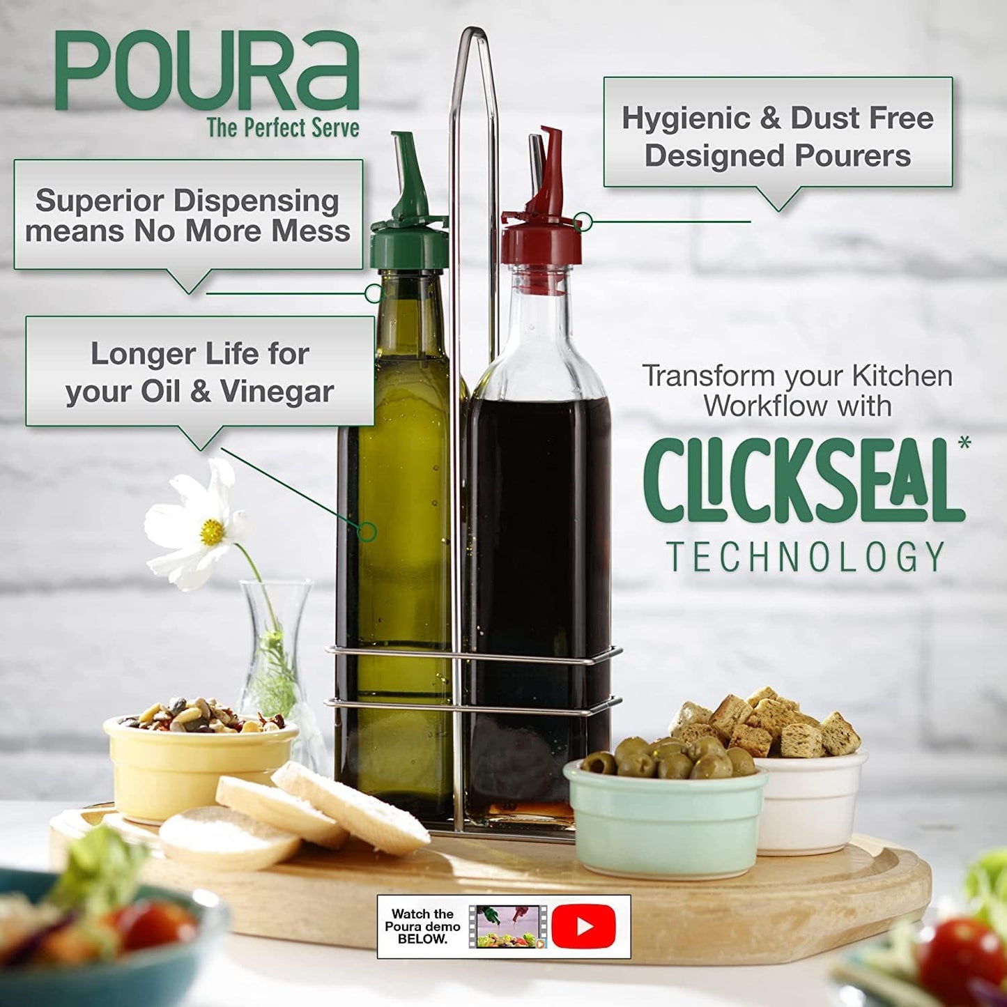 Poura Vinegar and Olive Oil Bottle Drizzler Set with Unique ClickSeal Pour Spouts | Glass Oil & Vinegar Dispenser Bottles for Cooking Kitchen Dining | Hygienic Covers + Silicone Decanter Funnel 250ml