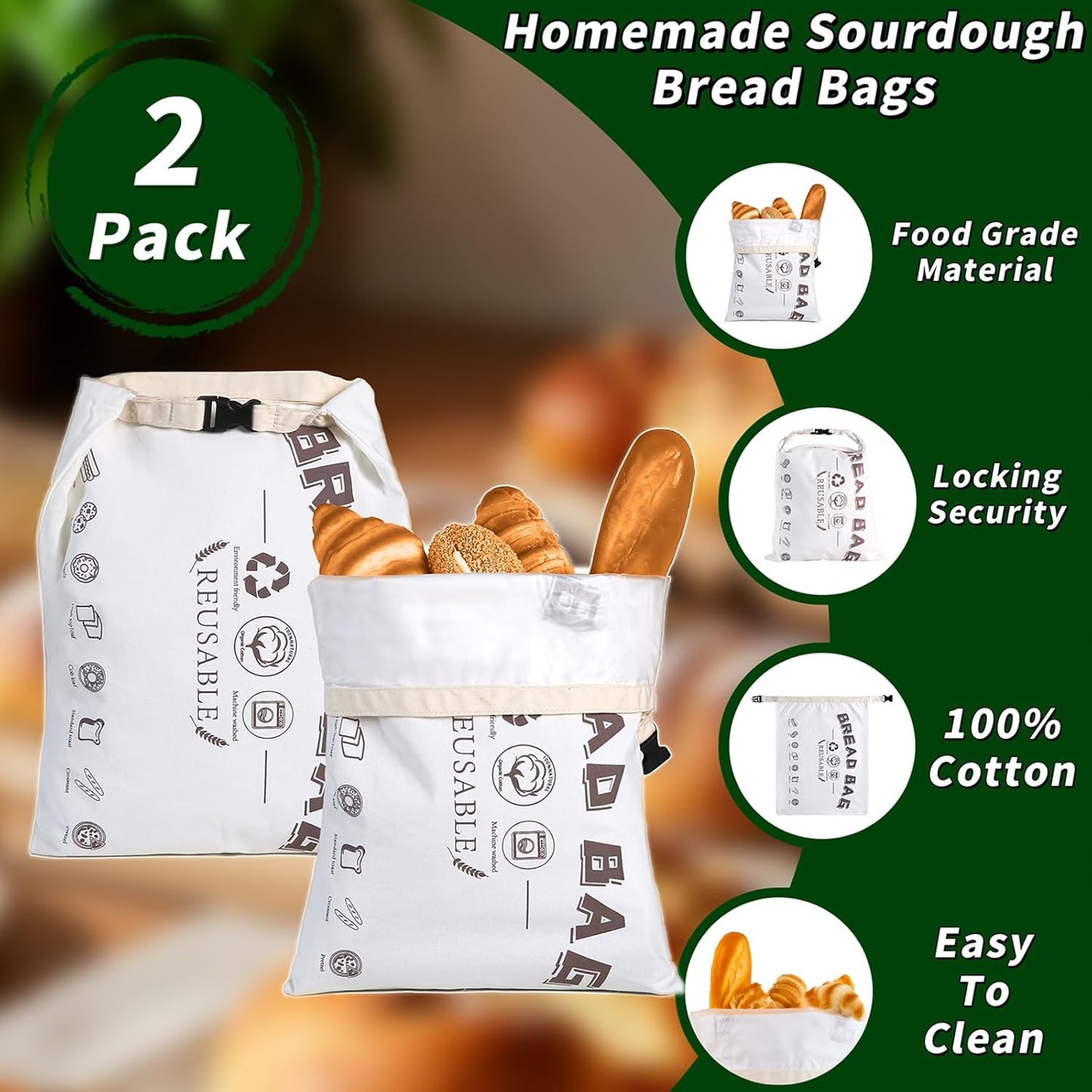 Reusable Bread Bags for Homemade Bread,Cotton Bags with Food Grade TPU Liner Extend Freshness, Large Capacity Cloth Bag for Travel Friendly,Washable,Refrigerable, Gift for Bakers (Set of 2)