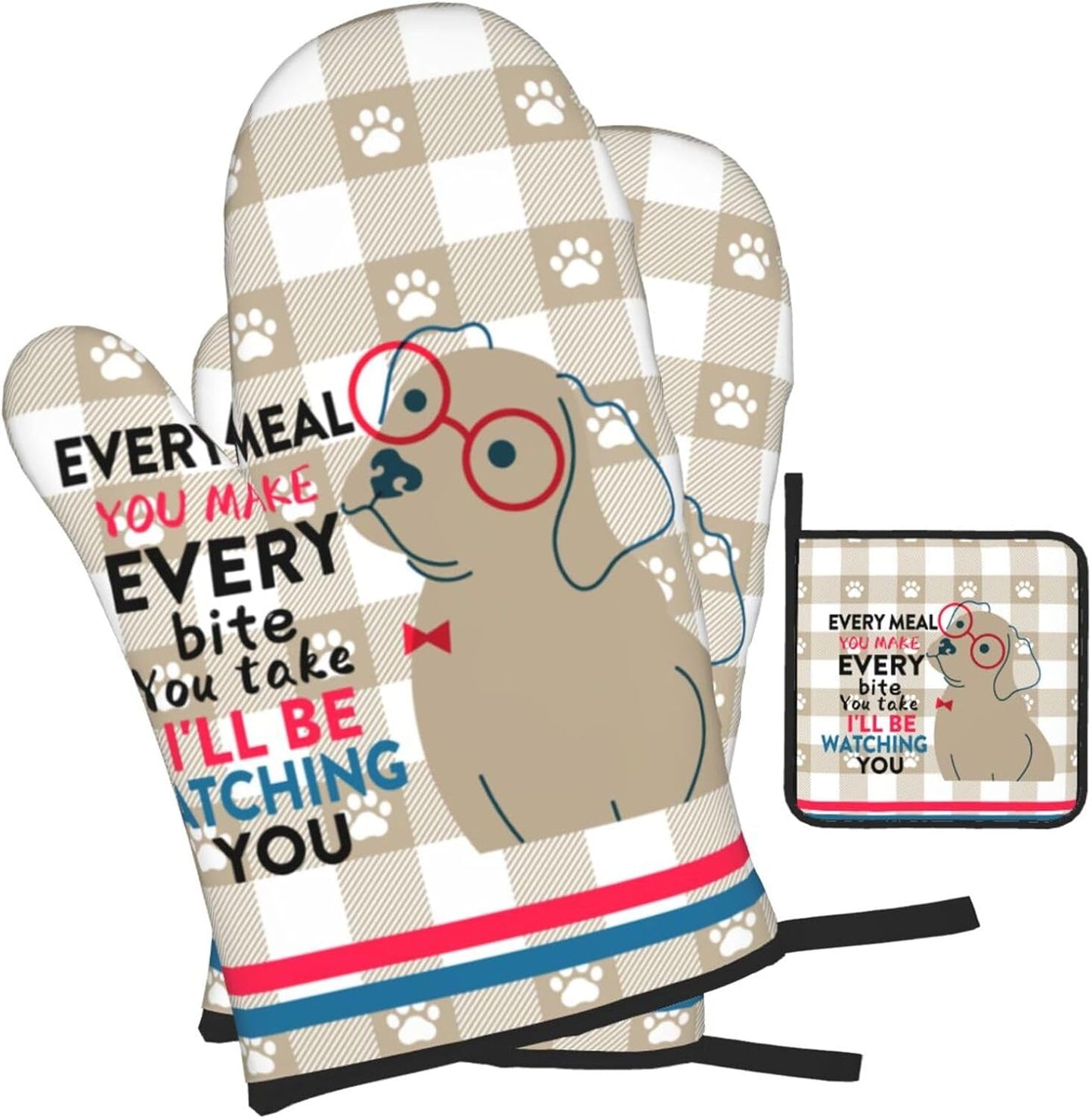 Funny Dog Oven Mitts and Pot Holders Sets of 3 Heat Resistant Hot Pads Cute Oven Gloves for Cooking Grilling Baking Kitchen Decor, Kitchen Gifts for Cooks Baker Cooking Lover Women