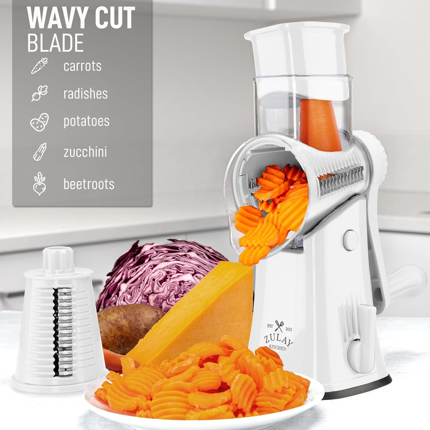 Zulay Kitchen Rotary Cheese Grater 5 Blade Cheese Shredder - Manual Hand Crank Cheese Grater With Reinforced Suction & 5 Interchangeable Drums - Easy to Use, Vegetable Chopper Round Mandoline Slicer