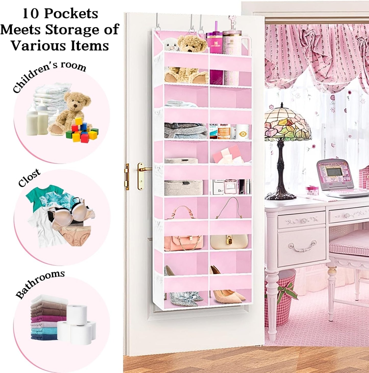 Pink Over The Door Organizer 5 Tiers, Extra Large Behind Door Storage of 10 Compartments, 50 lbs Weight Capacity Over The Door Storage for Closet, Diaper Organizer
