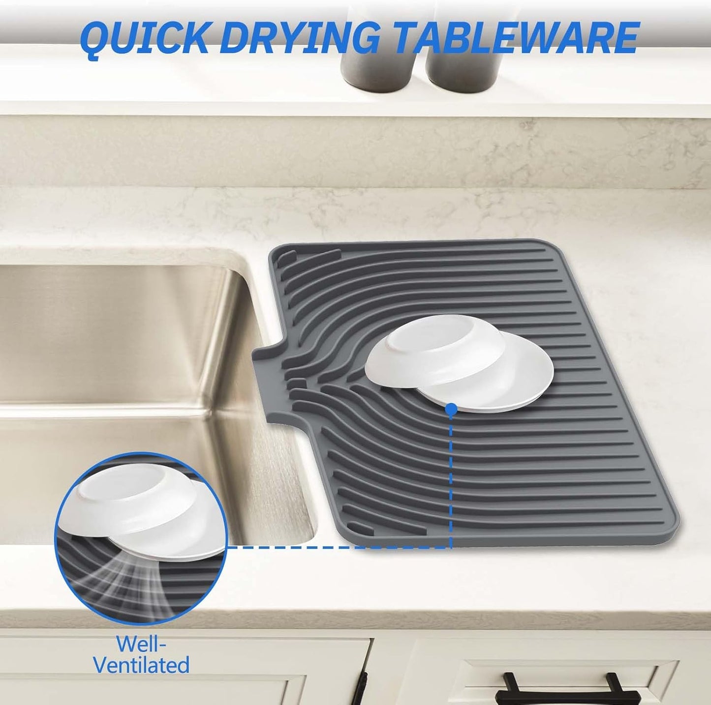 Silicone Dish Drying Mat for Kitchen Counter with Built-in Drain, Easy Clean Pad for Countertop Protection, Fast Self-Draining Slope, Non-Slip, Multiple Use 17.7 x 11.8 Inch (Grey)