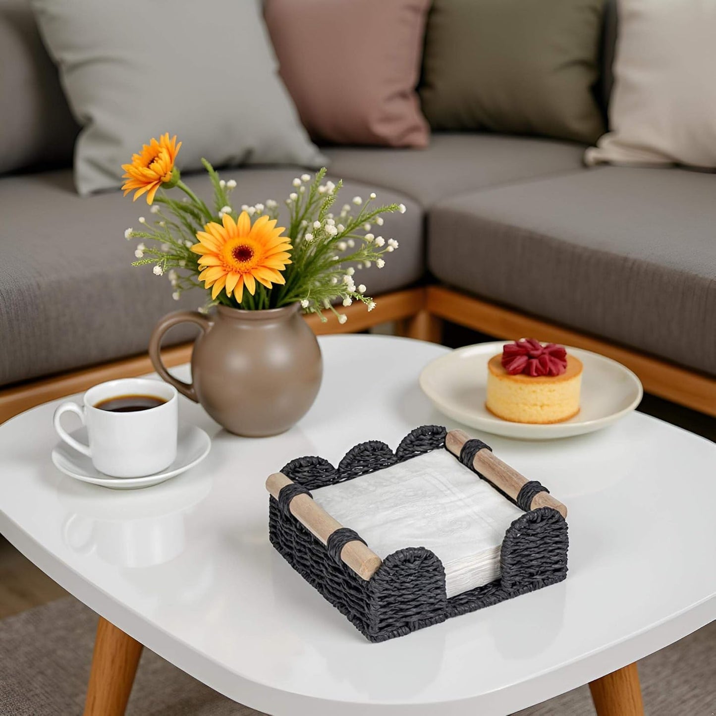 CubesLand Scalloped Napkin Holder for Table, Farmhouse Warming Home Kitchen Decor, Paper Rope Flat Napkin Dispenser Guest Towel Tray for Bathroom, Disposable Napkin Basket for Dining Table, Black