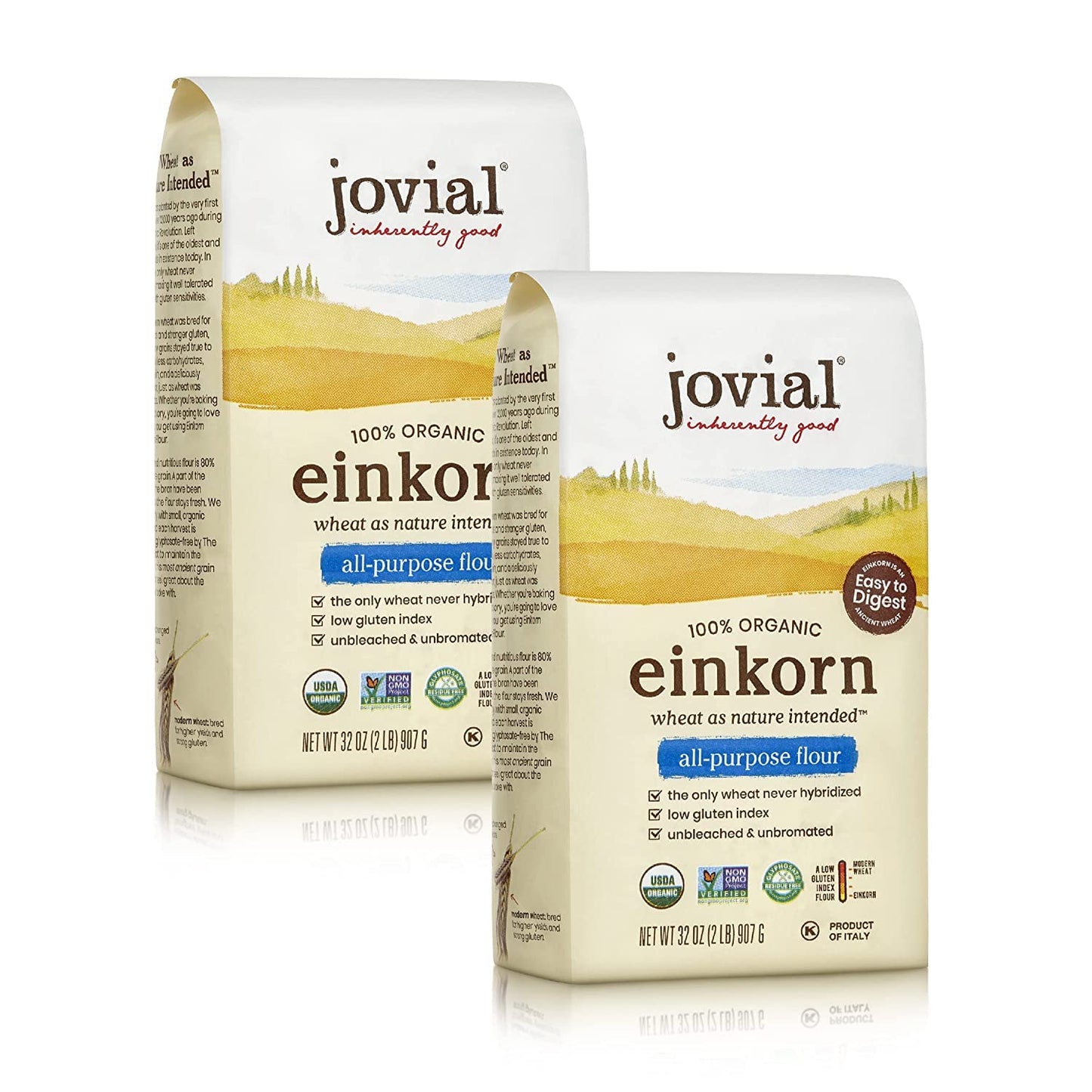 Jovial Organic Einkorn Unbleached All Purpose Flour - Bread Baking Flour for Sourdough, High Protein, Non-GMO, Organic Pizza & Pasta, European Italian, Glyphosate Free - 32 Oz, 2 Pack