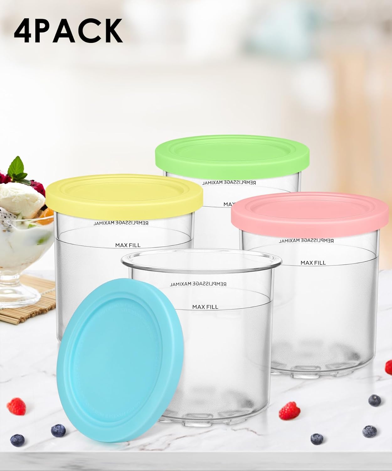 FIRJOY Replacement Pints and Lids 16 oz. Containers, Compatible with Ninja Creami NC301 NC300 NC299AMZ Series (4 Pack - Green, Pink, Yellow, Blue)