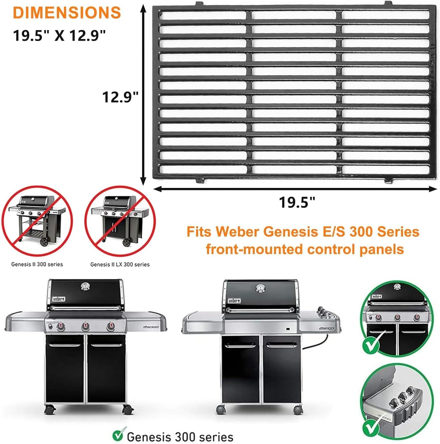 Uniflasy 19.5" Porcelain Enameled Cast Iron Grill Grates for Weber Genesis 300 Series, Genesis E310 E320 E330 S310 S320 S330 Gas Grills, Non-Stick Polished Grill Grates Replacement for Weber 7524 7528