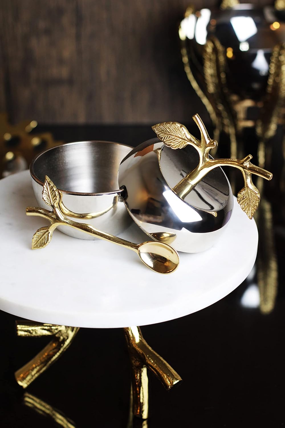 Silver Honey Jar Dish, Apple & Leaf Honey, Jam Server with Dipper Spoon Ideal for Serving Honey, Jams, Jellies, Gorgeous Gold Leaf Spoon, Stainless Steel & Brass, Everyday Rosh Hashanah & any Occasion