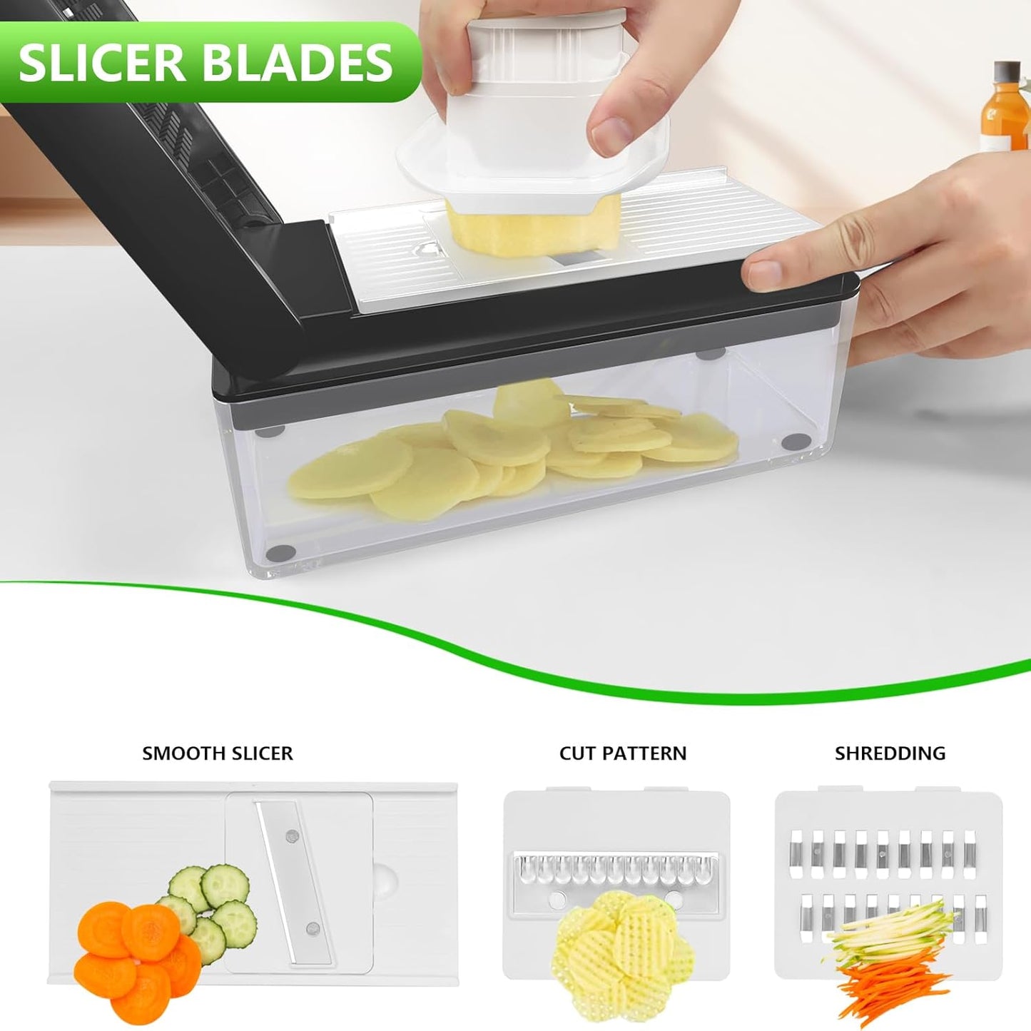 Vegetable Chopper, Onion Chopper Dicer, Mandoline Slicer, Food Chopper with Container, Vegetable Cutter for Salad Potato Carrot Garlic（10 Blades, Black White）