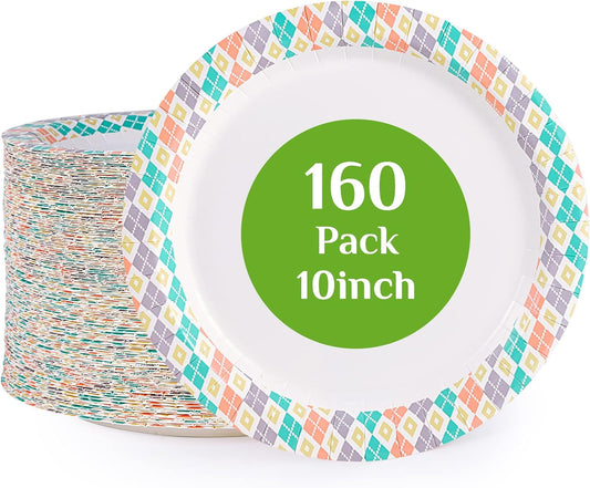 FOCUSLINE 10 Inch Paper Plates, 160 Count Disposable Paper Plates for Everyday Use, Cut-Proof & Soak-Proof Coated Dinner Plate Large, Round 10" Plate for Home, Party
