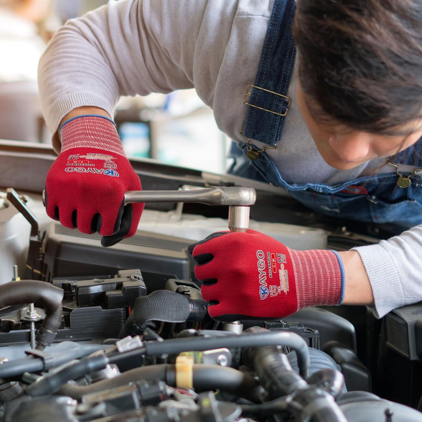 KAYGO Safety Work Gloves MicroFoam Nitrile Coated-3 Pairs, KG18NB,Seamless Knit Nylon Glove with Black Micro-Foam Nitrile Grip,Ideal for General Purpose,Automotive,Home Improvement,Red small