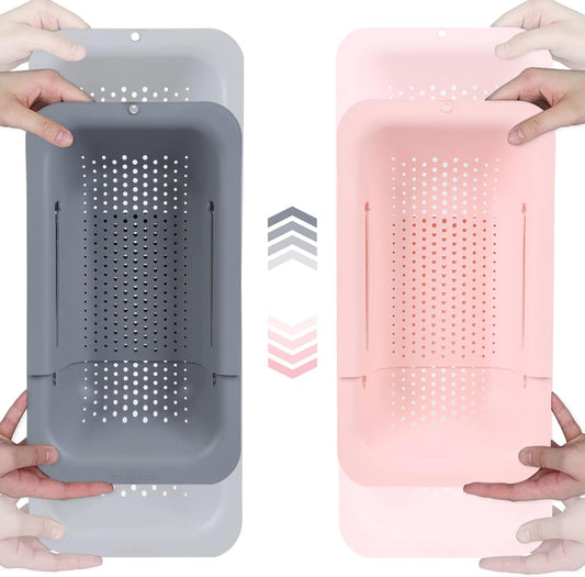 BLUE GINKGO Sink Colander Baskets - (Pack of 2) Wash Vegetables and Fruits, Drain Cooked Pasta and Dry Dishes - Extendable - New Home Kitchen Essentials (Grey & Pink)
