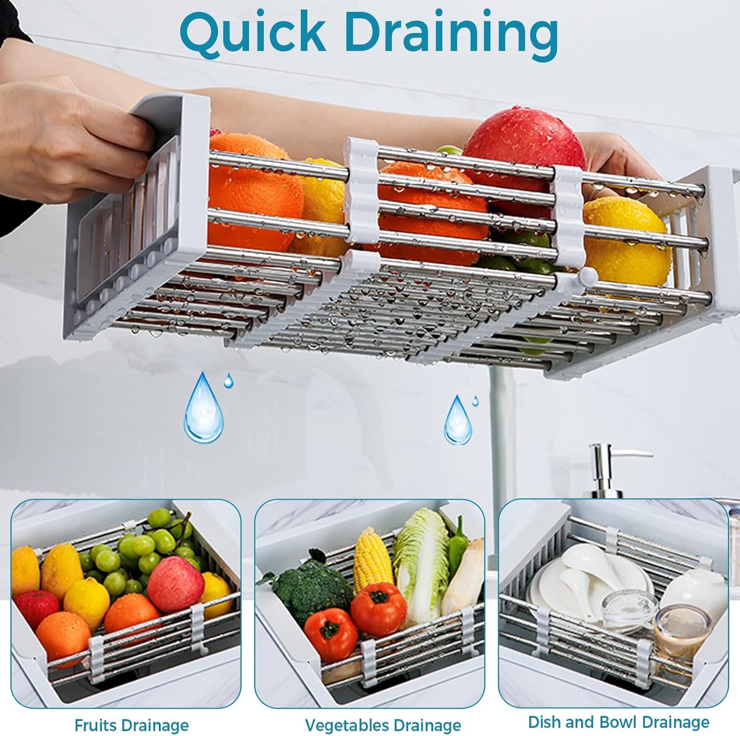 COVRA Over Sink Dish Drying Rack, Stainless Steel Drainer for 11"-19" Sinks, Kitchen Countertop Organizer for Dishes, Vegetables, and Fruits (Gray)