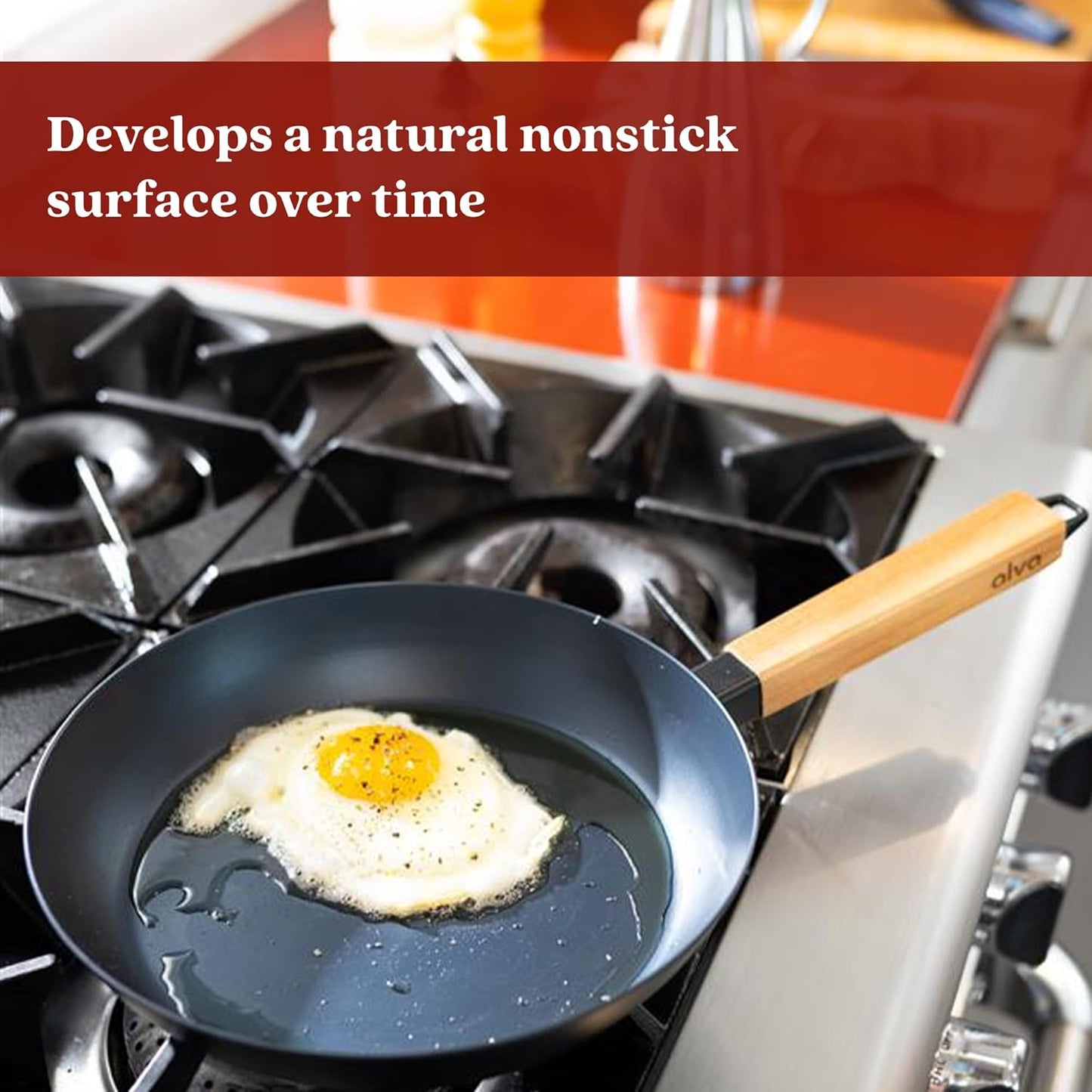 Alva Forest 9.5" Carbon Steel Frying Pan Pre-Seasoned, Lightweight Chef-Grade Skillet, Stay-Cool Acacia Handle, Natural Nonstick, Induction & All-Stove Compatible – Professional Restaurant Quality