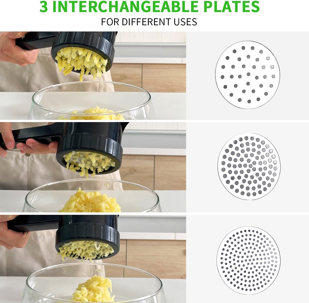 LHS Potato Ricer, Potato Masher for Potatoes with 3 Interchangeable Discs, Large Capacity Potato Masher and Ricer Kitchen Tool for Fruit, Vegetables, Baby Food, Black