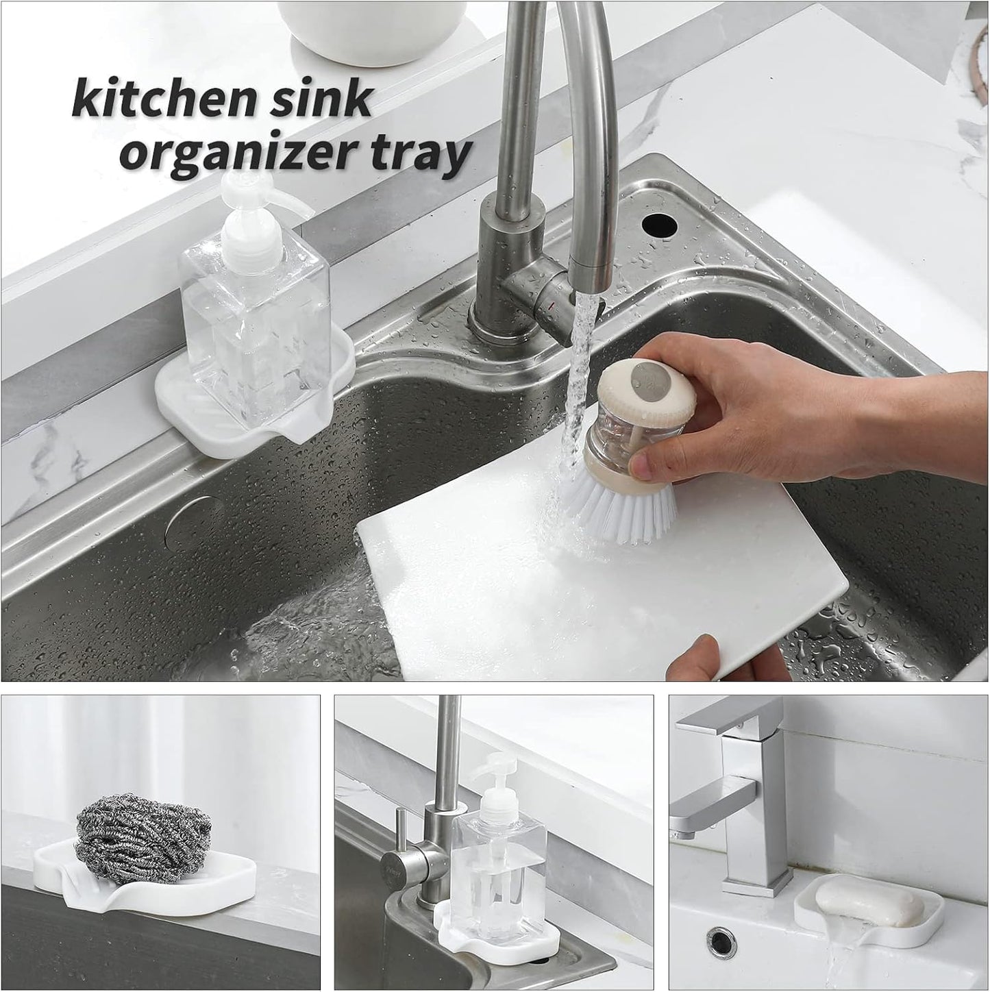 Silicone Bathroom Soap Dishes with Drain Spout-Bathroom and Kitchen Sink Organizer,Sponge Holder,Dish Soap Tray,Perfect for Dispenser,Scrubber,Bottle,Cup on Sink or Counter-White 4.9"×3.2"