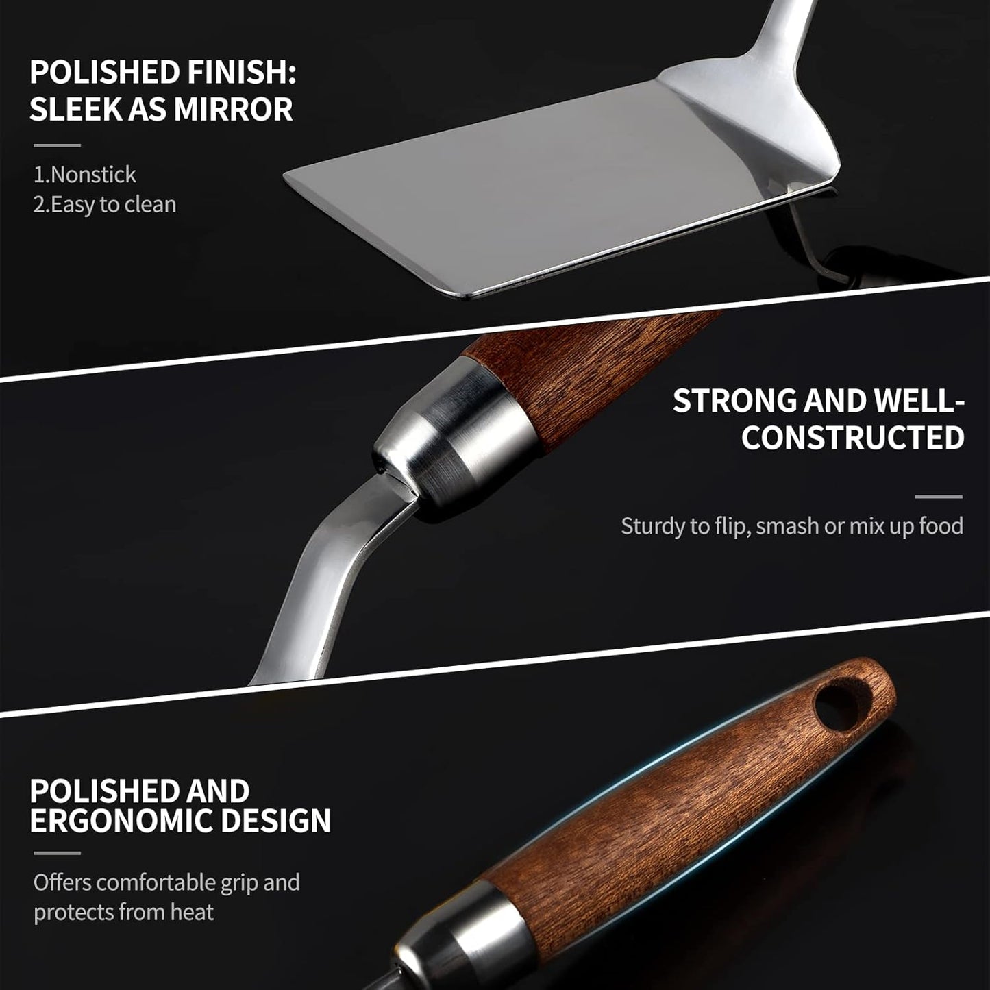 Stainless Steel Spatula with Wooden Handle, Nonstick Pancake Turner, Fried Egg Flipper for Cooking, Frying, Grilling, Baking, BBQ
