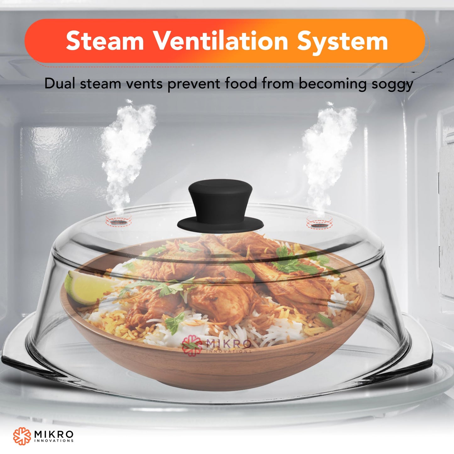 10.5" Tall Glass Microwave Splatter Cover - Sturdy Food-Safe Glass with Easy-Grip Silicone Handle