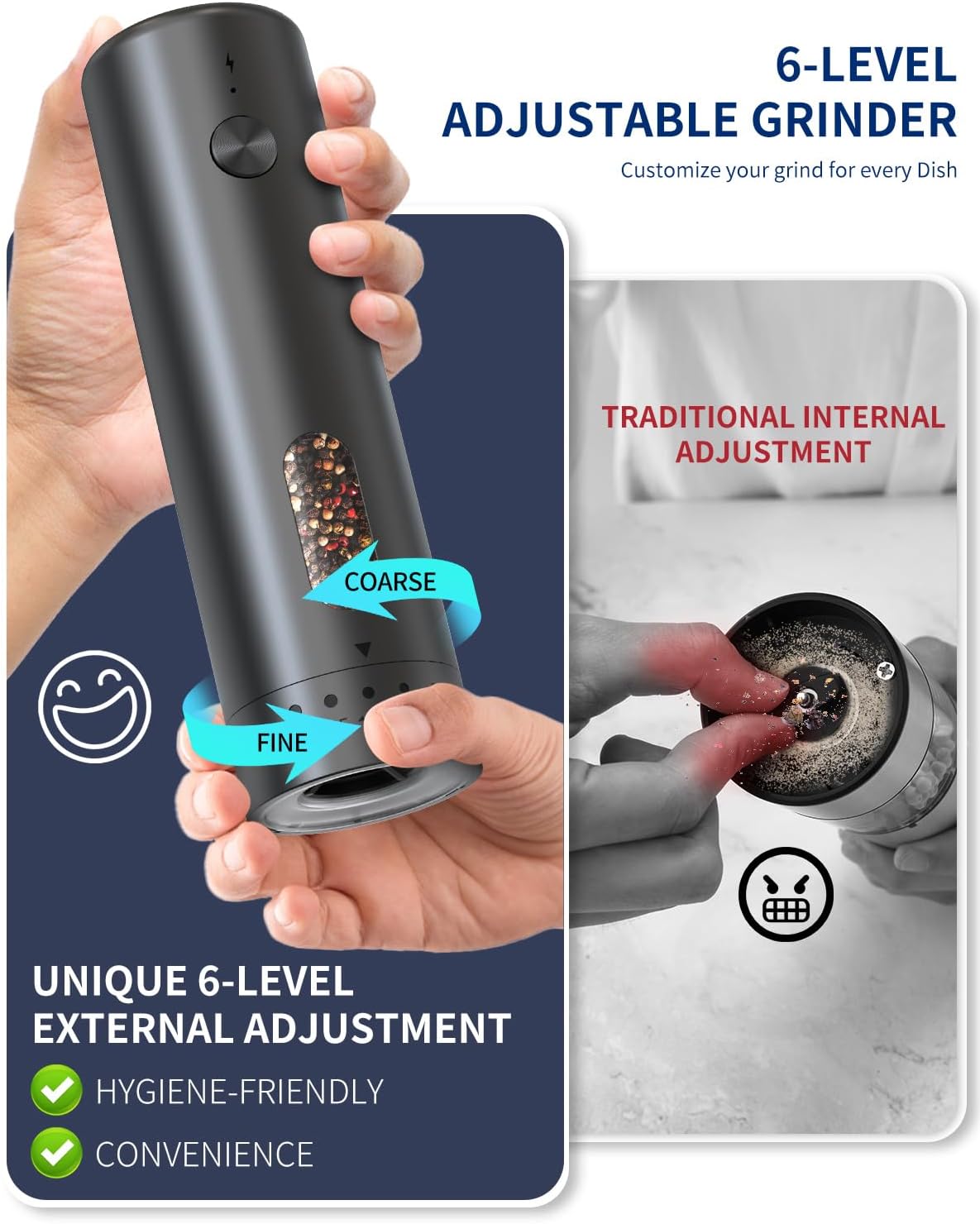 CIRCLE JOY Rechargeable Electric Salt and Pepper Grinder Set with Charging Base, Automatic Pepper Mills with 110ml Container, External Adjustable Coarseness, White Led Light, Easy to Operate, Black