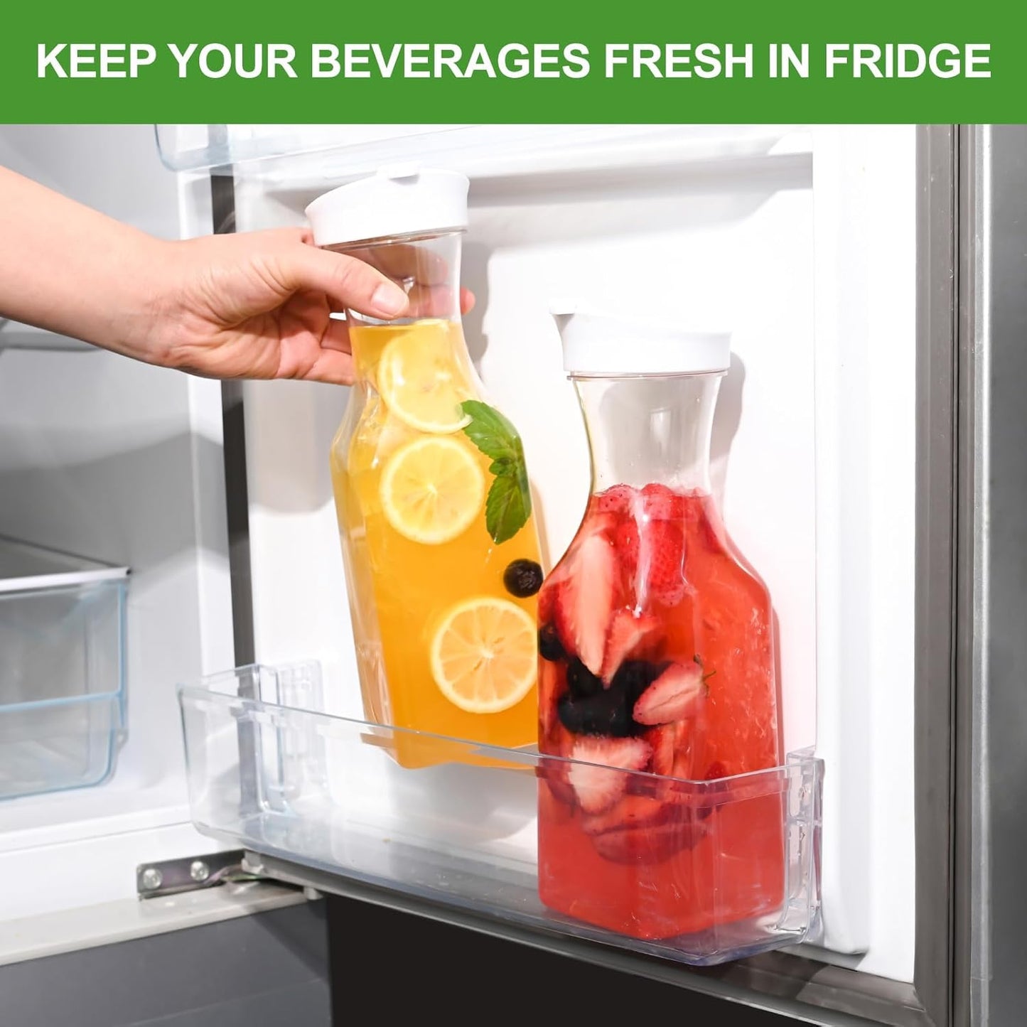 Set of 8 Plastic Carafe with Lid, 1 Liter Carafes for Mimosa Bar，Large Square Base Juice Containers, Water Bottle, Milk Container, Clear Beverage Containers for Fridge