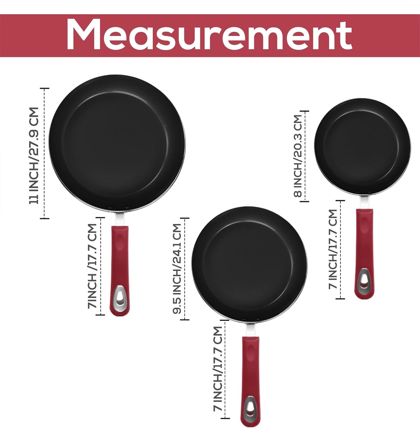 Utopia Kitchen Nonstick Cookware 3 Piece Set, Non-Stick Frying Pans with Induction Bottom, 8, 9.5 & 11 Inches Frying Pans with Bakelite Handles, PFOA Free, Red & Black