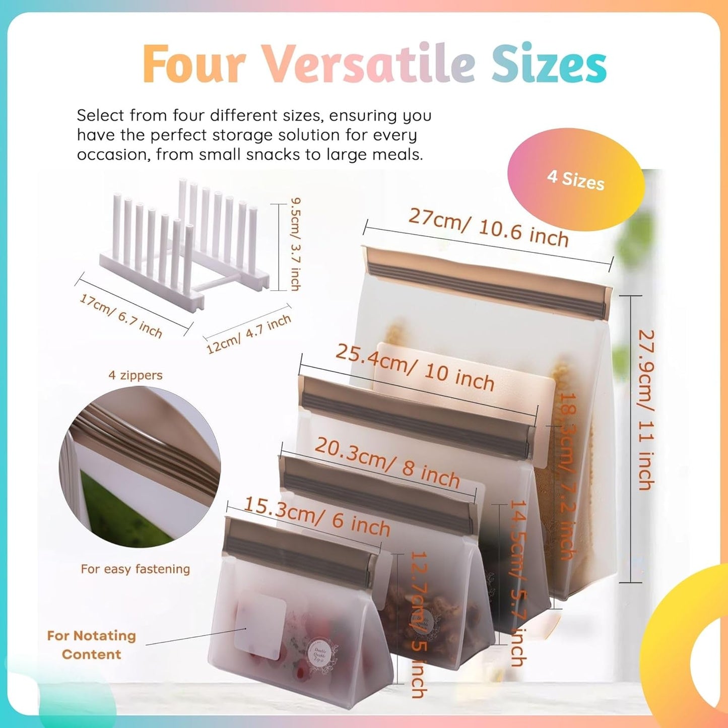 Reusable Silicone Food Storage Bags – 6-Pack Stand-Up, BPA-Free, Freezer, Dishwasher Safe & Eco-Friendly – 6 Gallon Bags – Airtight Leakproof, Organization and Storage Baggies (Grey)