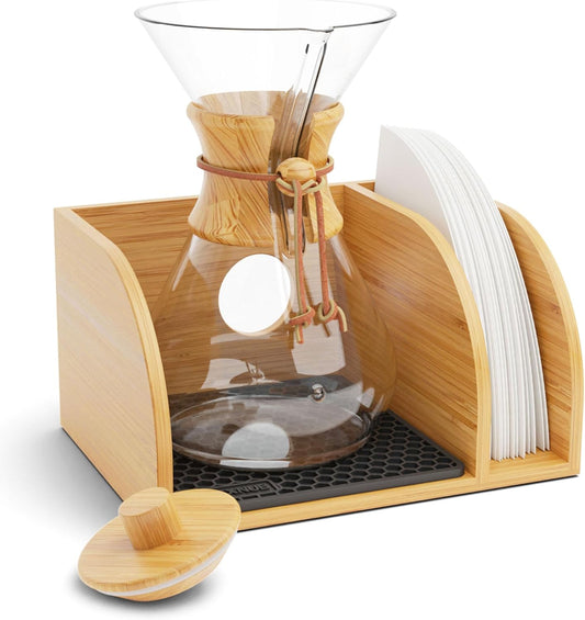 HEXNUB Caddy and Lid for Pour Over Coffee Maker, Bamboo Stand fits Chemex, Bodum, Cosori Coffee Carafes, Heatproof Mat, Filter Holder - Black Mat