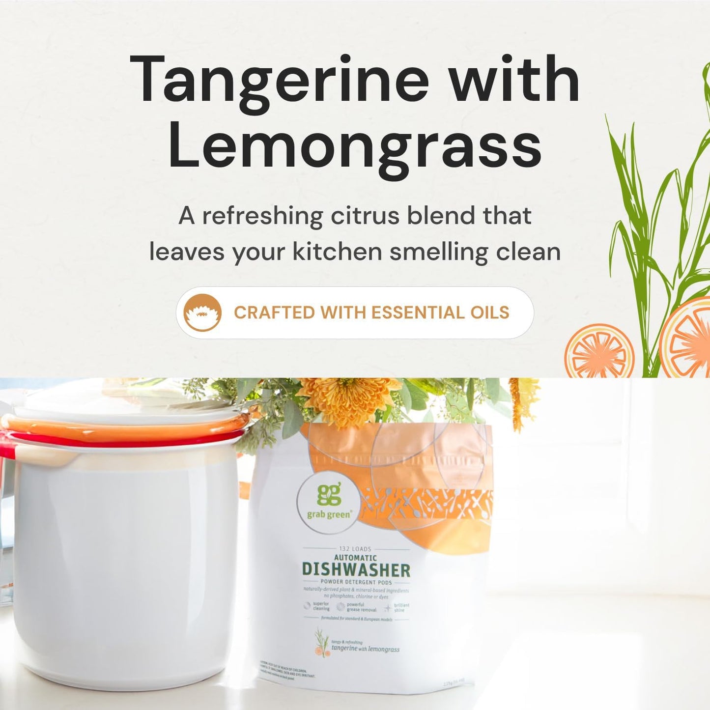 Grab Green Automatic Dishwashing Detergent Pods, 132 Count, Tangerine Lemongrass Scent, Plant and Mineral Based, Superior Cleaning, Powerful Grease Removal, Brilliant Shine