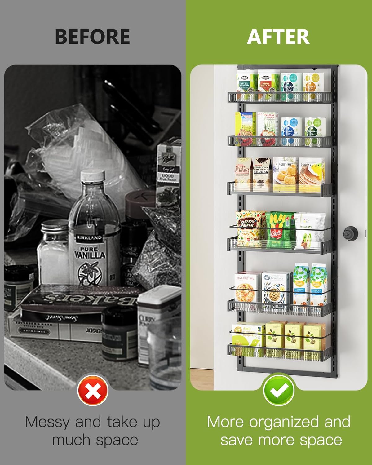 6-Tier Over the Door Pantry Organizer, 2 in 1 Large Door Spice Rack with Adjustable Metal Baskets, Heavy Duty Hanging or Wall Mounted Storage Organizer for Kitchen Pantry and Room Wall