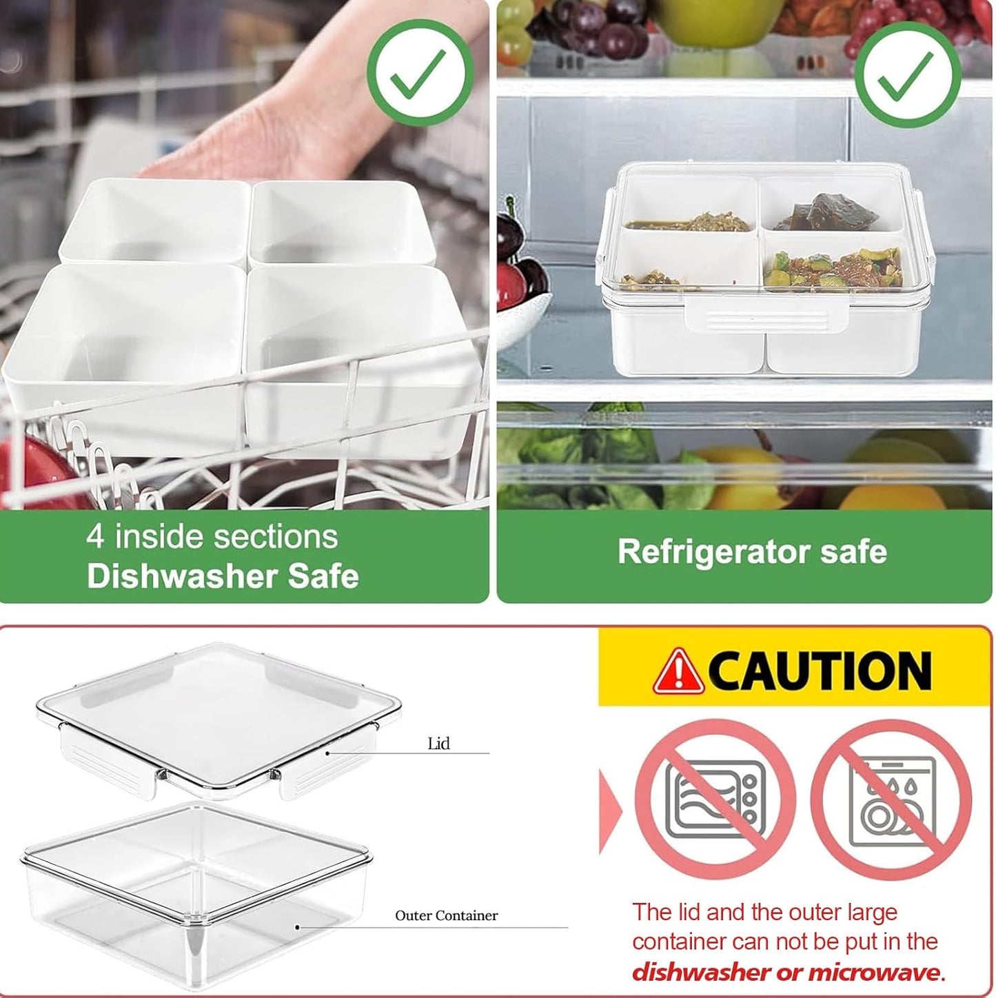 Divided Serving Tray with Lid, Removable Divided Platter Snack Box, Food Storage Charcuterie Containers with 4 Compartments for Christmas Party, Veggies, Snack, Fruit, Nuts, Candy, Cracker, Chip