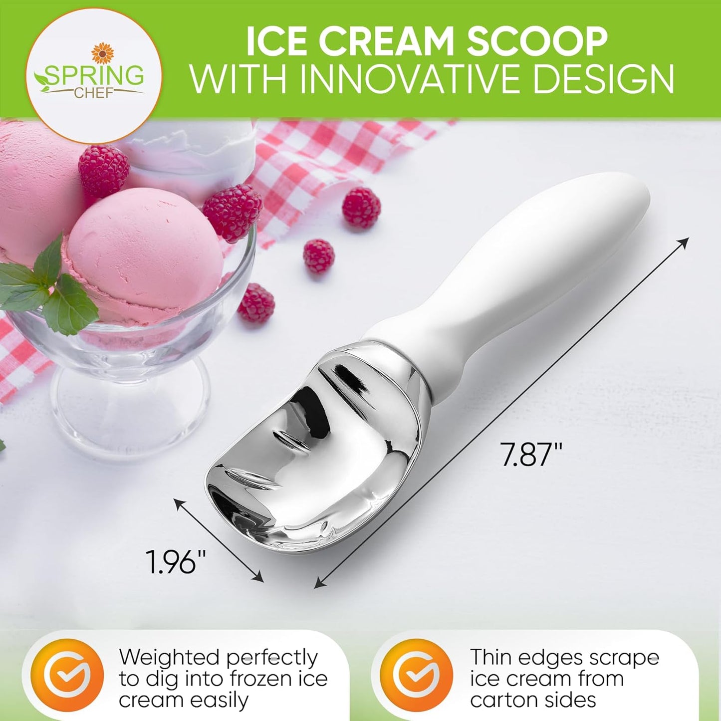 Spring Chef White Commercial Ice Cream Scoop with Comfortable Handle - Heavy Duty Metal Ice Cream Scooper for Frozen Yogurt, Gelato, Sorbet, Melon, Sundae - Dishwasher Safe Kitchen Tool