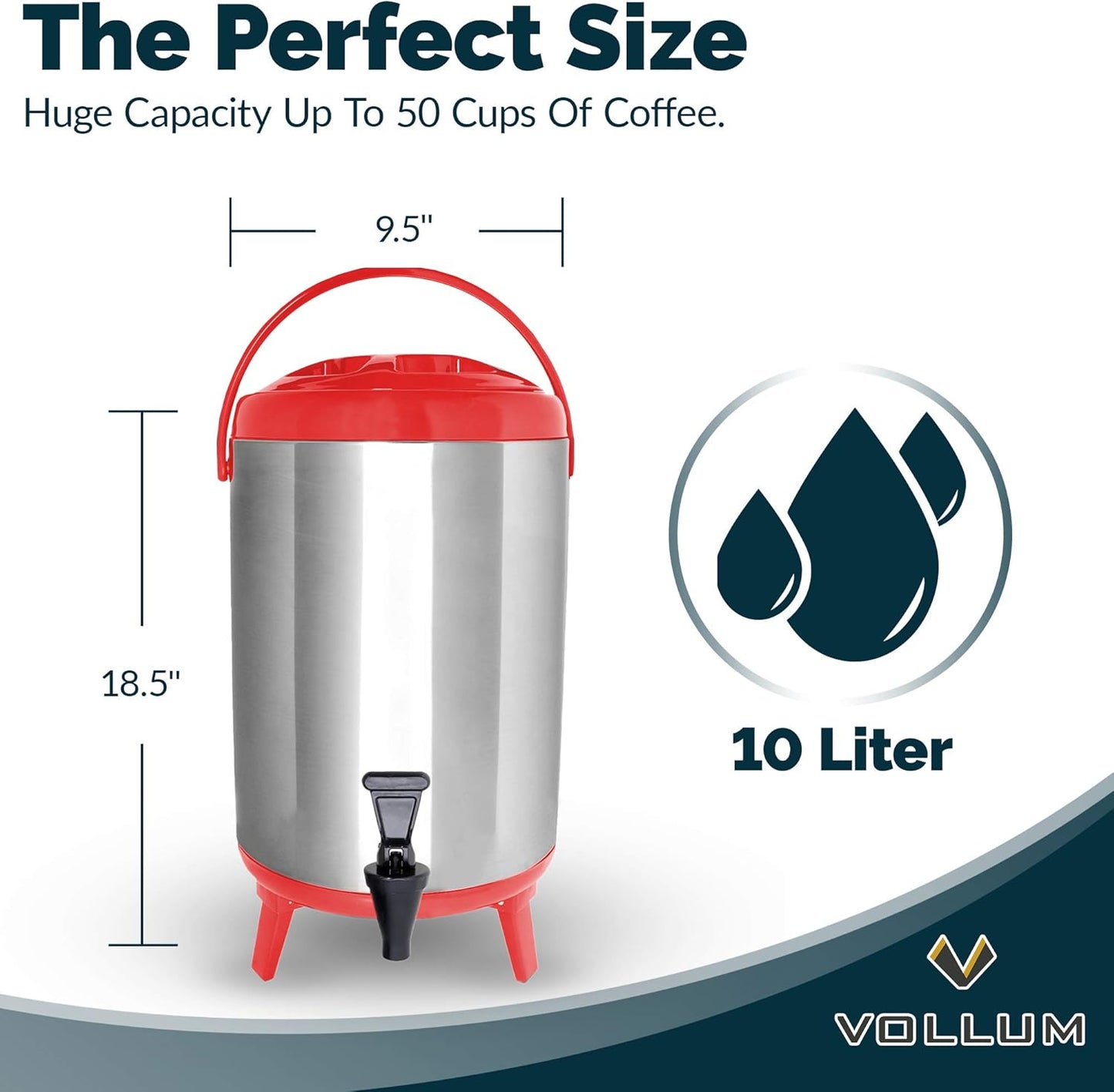 Stainless Steel Insulated Beverage Dispenser – Insulated Thermal Hot and Cold Coffee Carafe – 10 Liter Drink Dispenser with Spigot for Hot Water, Tea & Coffee, Cold Milk, Juice & More RED